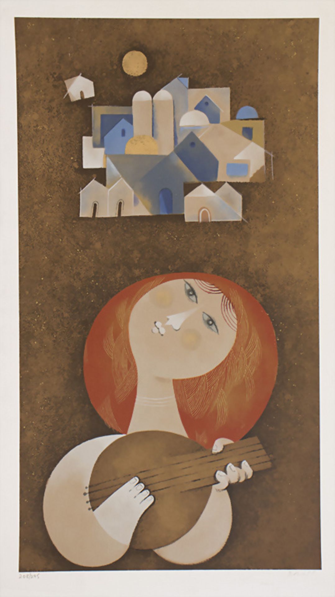 Samuel Briss (*1930), 'Frau mit Mandoline vor orientalischer Stadt', 1970er Jahre