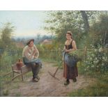 W. Giessel (1869-1938), 'Bäuerin mit Wirt in Gartenlandschaft' / 'A farmer's wife with host in ...
