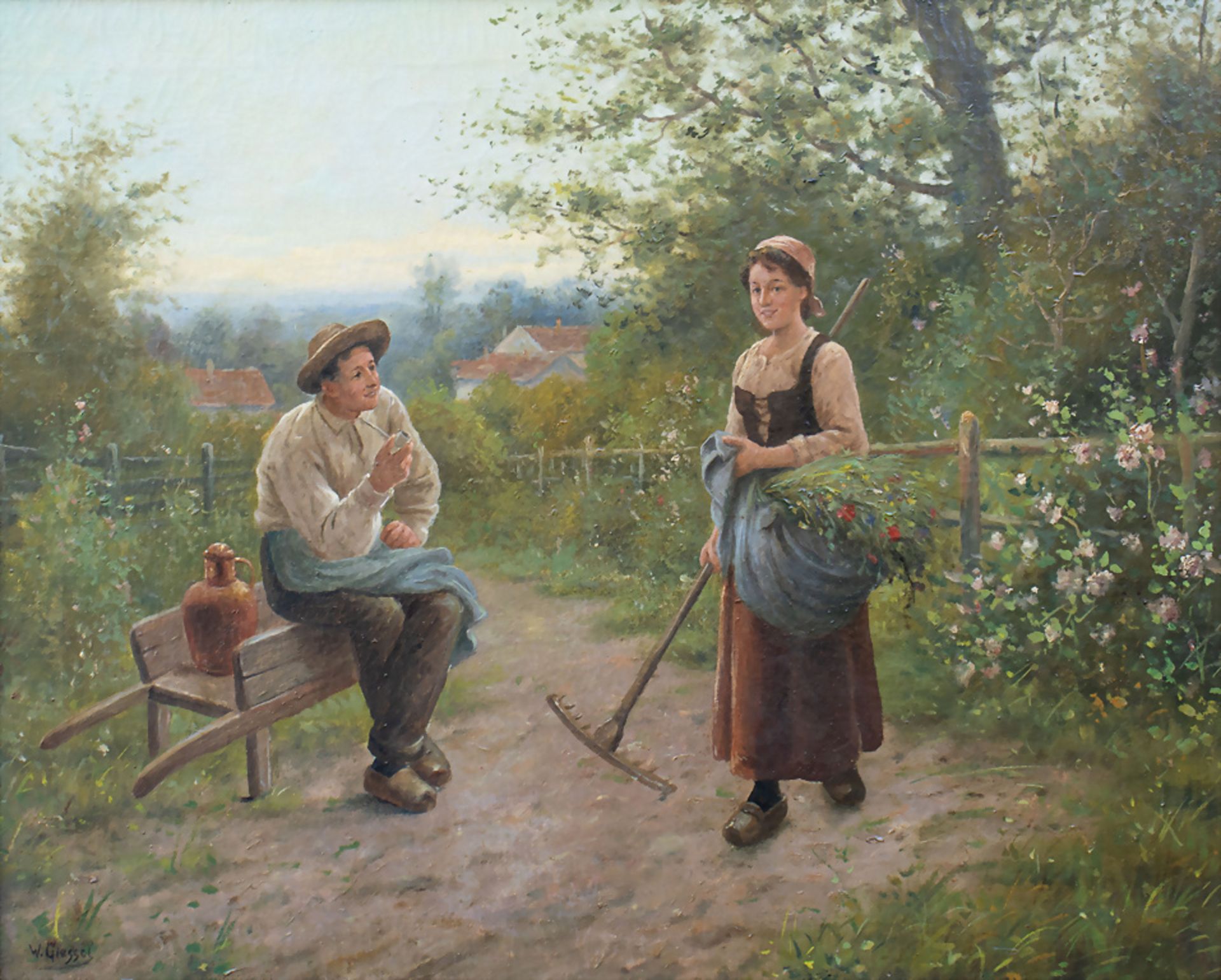 W. Giessel (1869-1938), 'Bäuerin mit Wirt in Gartenlandschaft' / 'A farmer's wife with host in ...