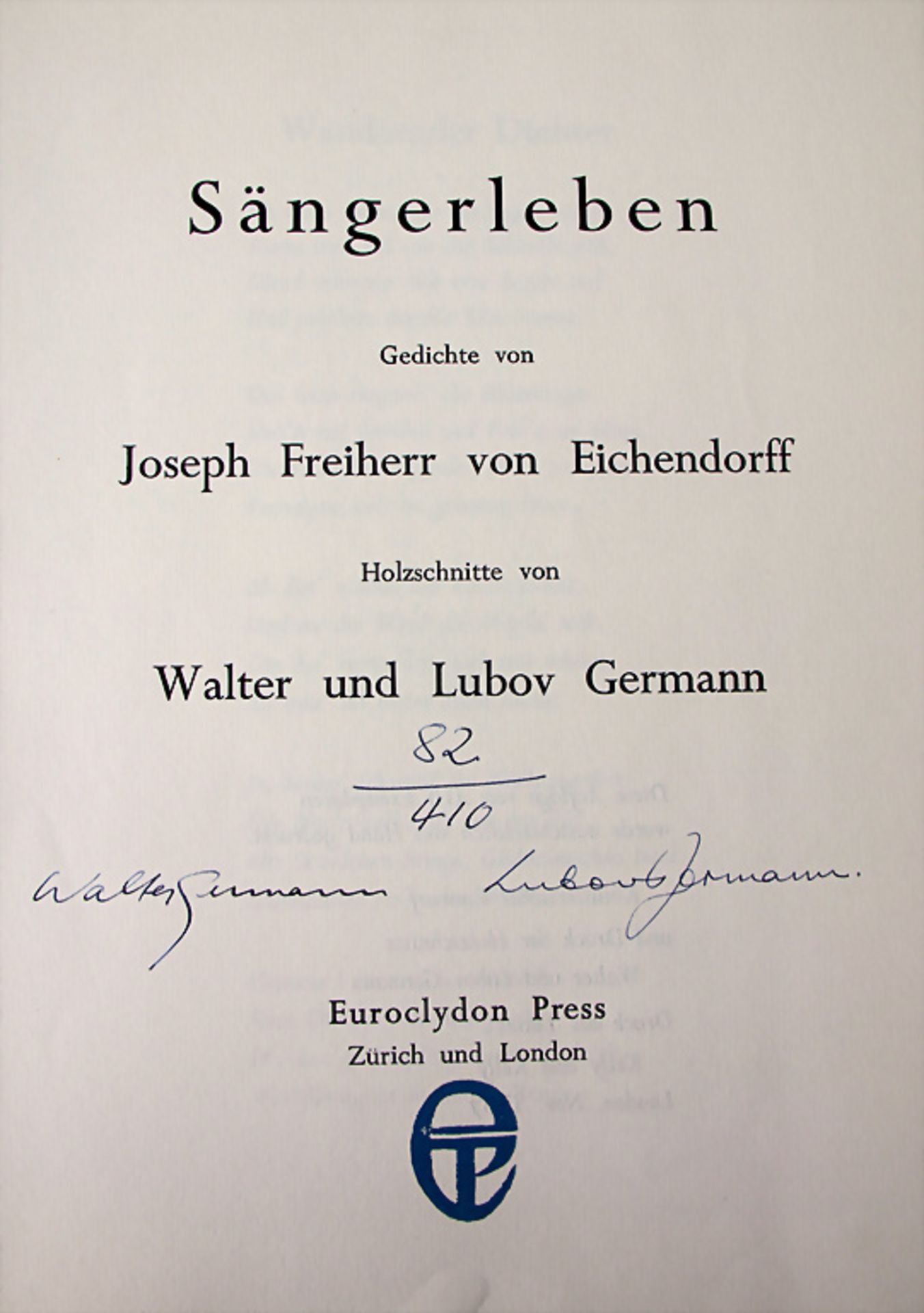 Joseph Frhr. v. Eichendorff: 'Sängerleben' mit Holzschnitten von Walter und Lubov Germann