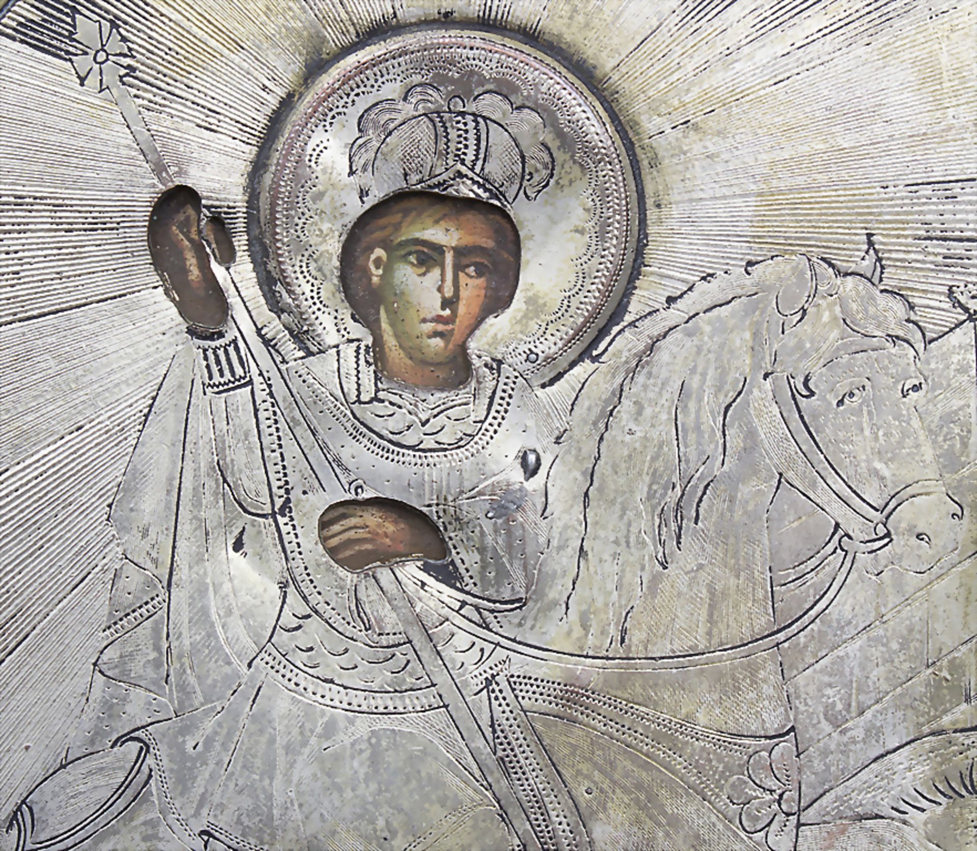Ikone 'Heiliger Georg' mit Silber-Oklad / An icon 'with saint Georg`, Russland / Rusia, 19. Jh. - Bild 2 aus 3