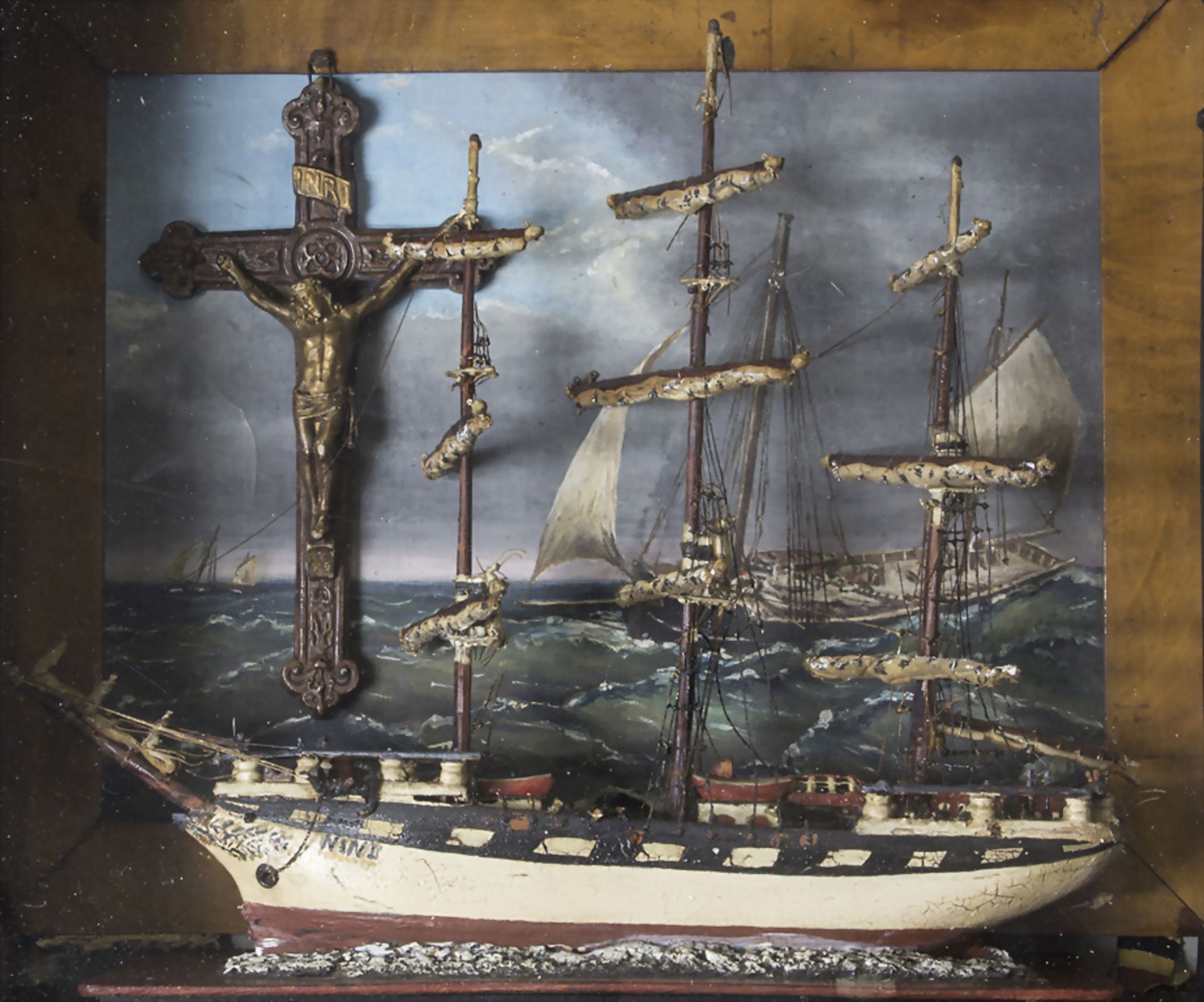 Maritimer Hausaltar mit Dreimastsegler / A maritime house altar with a three-masted sailor, 19. Jh.