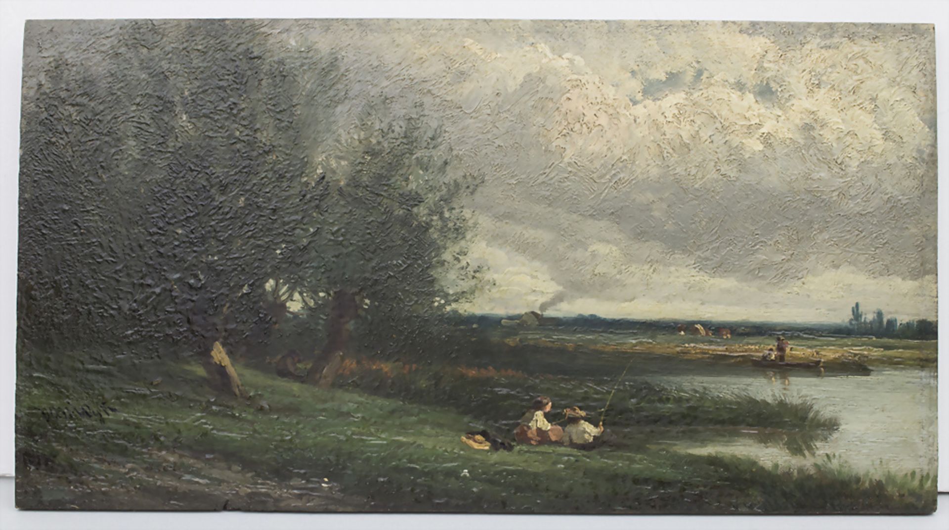 Henri van Wyk (1833-?), 'Flusslandschaft mit Anglern und Fischerboot' / 'A riverscape with ... - Image 2 of 5
