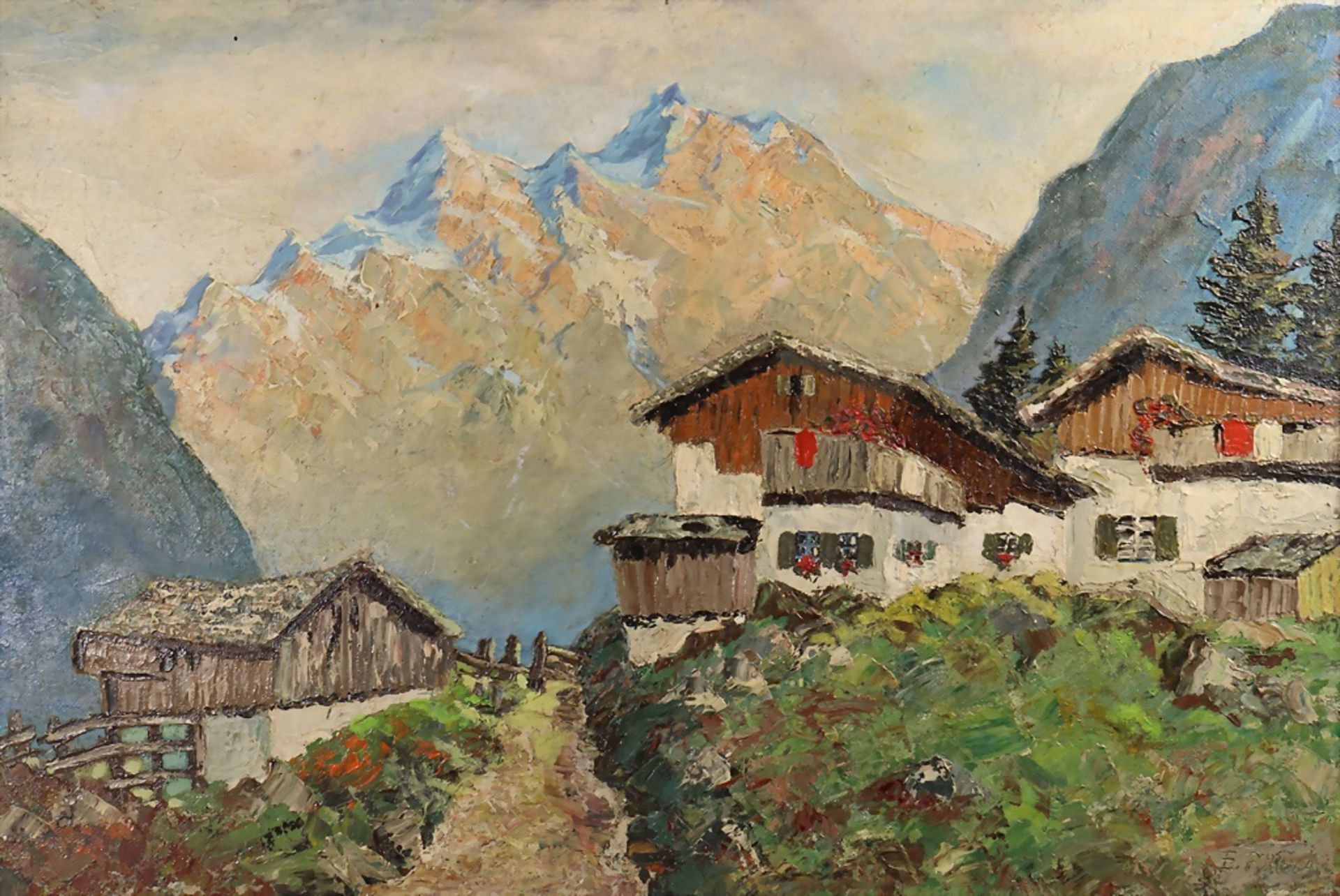 E. Ritter (20. Jh.), 'Berghütte vor Alpenpanorama' / 'An alpine panorama with mountain hut', ... - Image 2 of 6