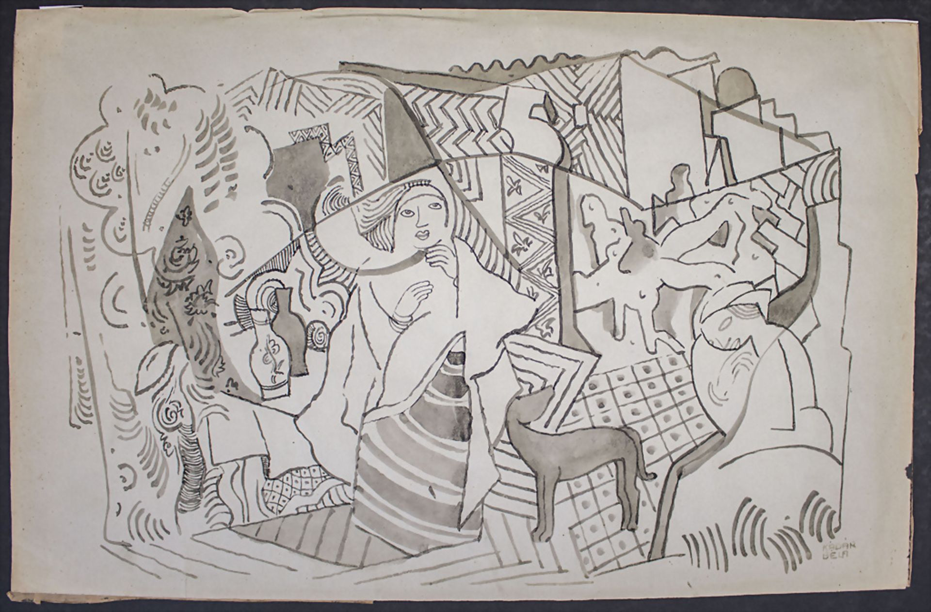 Béla KÀDAR (1877-1956), 'Abstrakte Szene mit zwei Frauen und einem Hund', 20. Jh. - Image 2 of 5