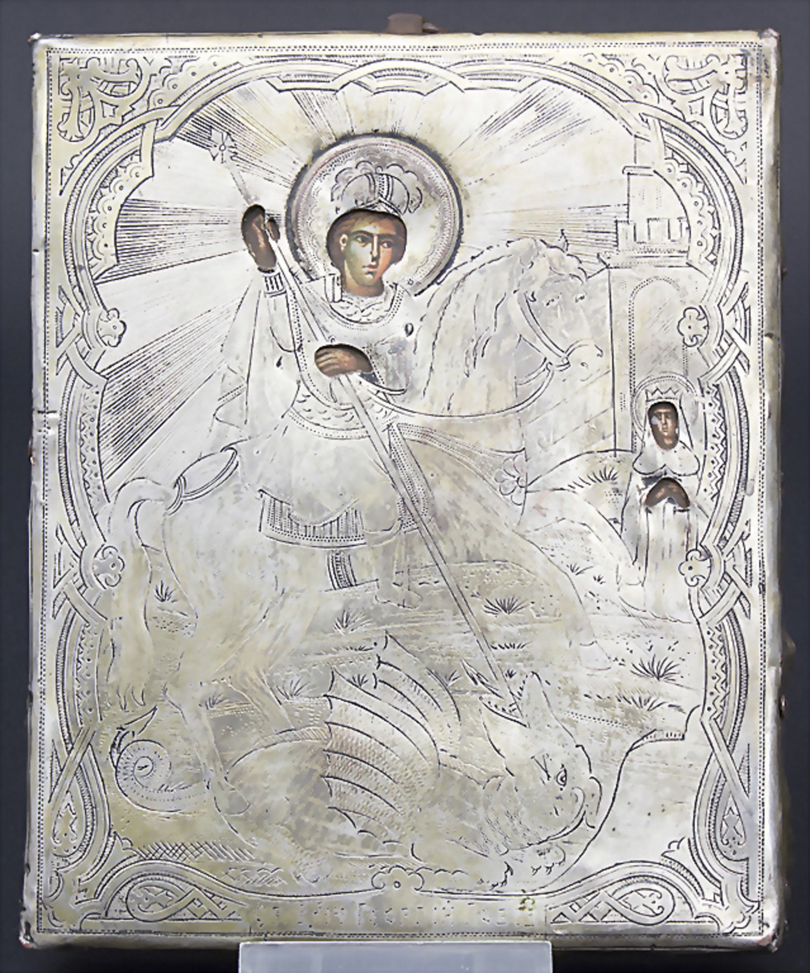 Ikone 'Heiliger Georg' mit Silber-Oklad / An icon 'with saint Georg`, Russland / Rusia, 19. Jh.