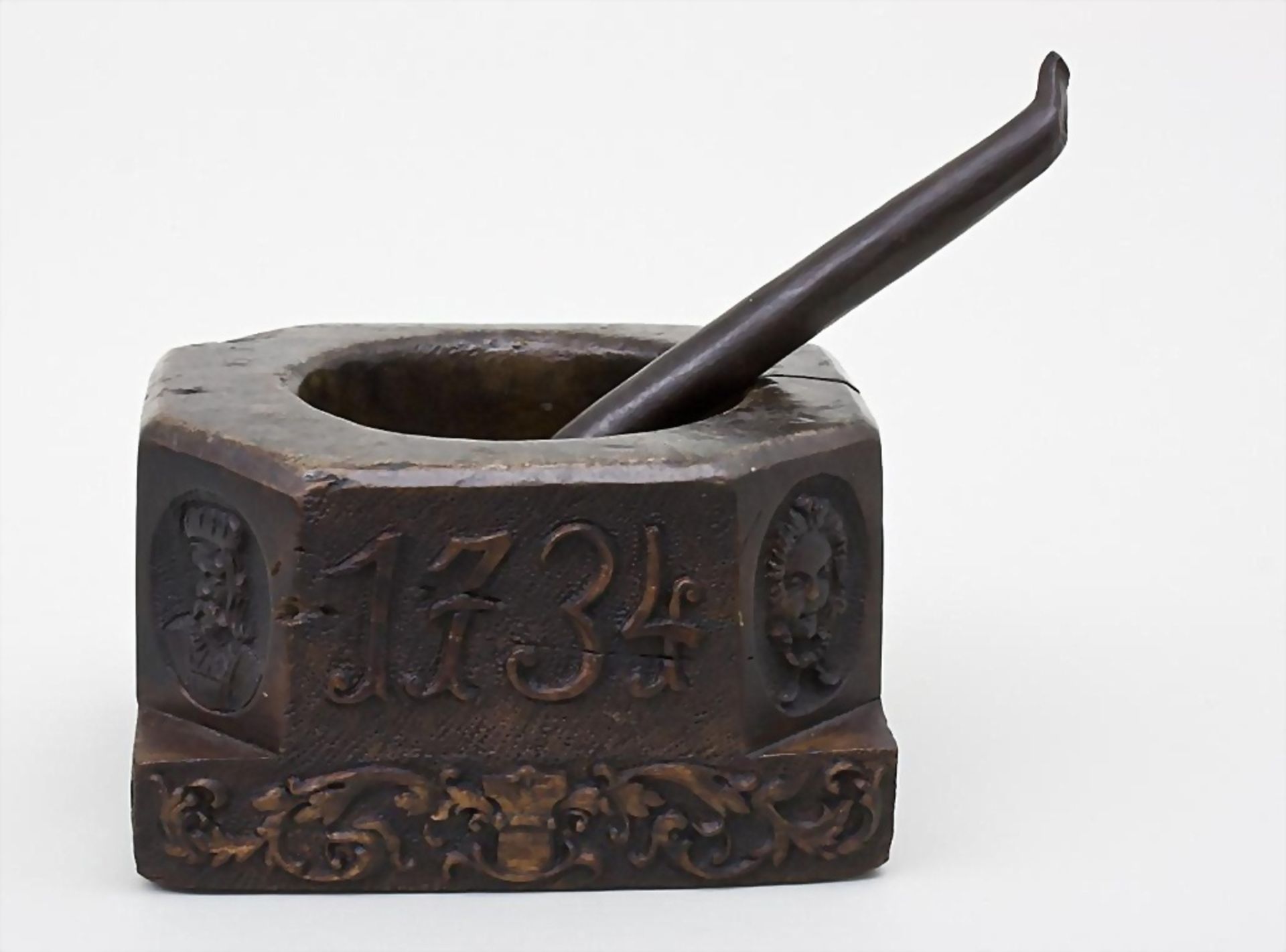 Barocker Mörser mit Stößel/Baroque Mortar With Pestle, wohl süddeutsch oder Tirol, 1734