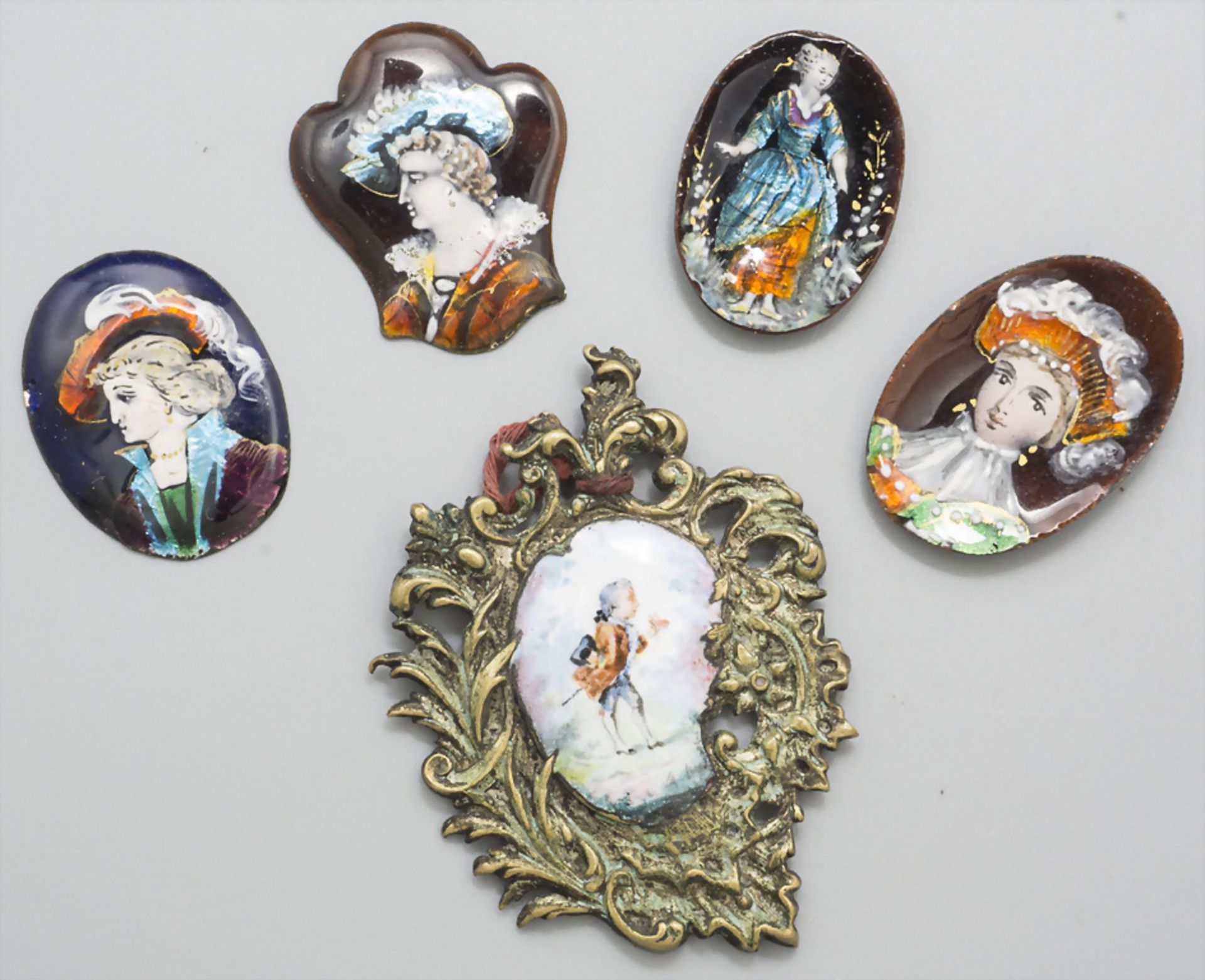 5 Email-Plättchen / 5 enamelled plaques, wohl Frankreich, Mitte 19. Jh.
