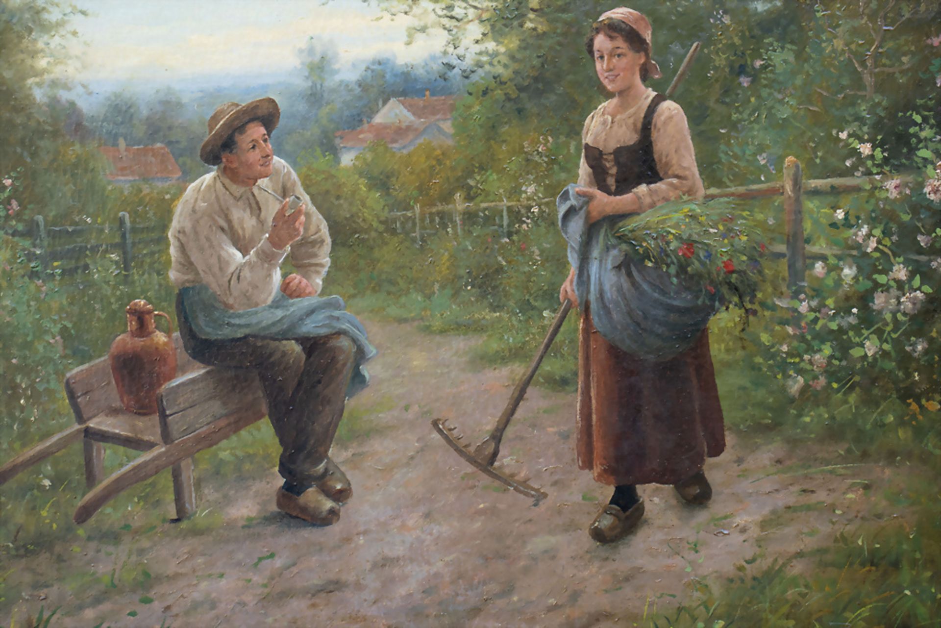W. Giessel (1869-1938), 'Bäuerin mit Wirt in Gartenlandschaft' / 'A farmer's wife with host in ... - Image 4 of 7