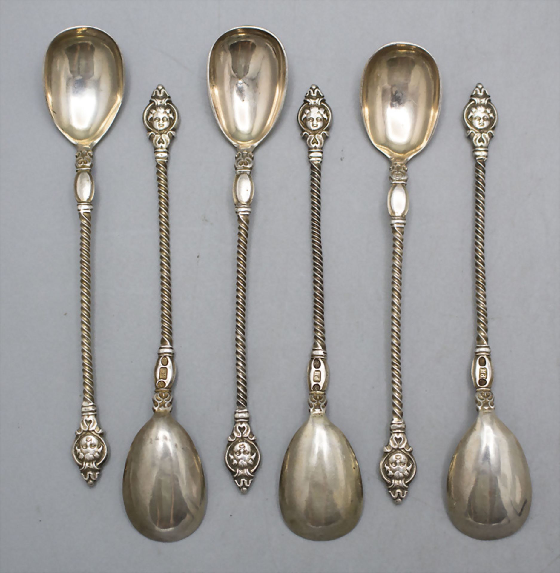6 Löffel mit Putto-Kopf / 6 silver spoons with cherub head, Simon Groth/P. Hertz, Dänemark, 1870