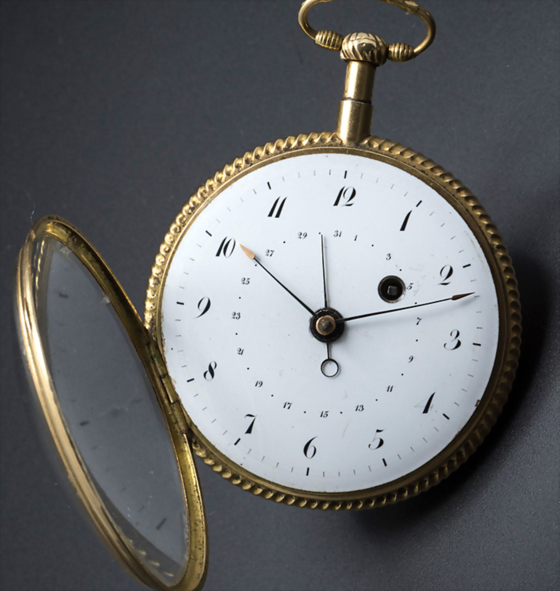 Offene Taschenuhr mit 1/4 Std. Repetition und Kalender / An 18k gold pocket watch 1/4 quarter ...