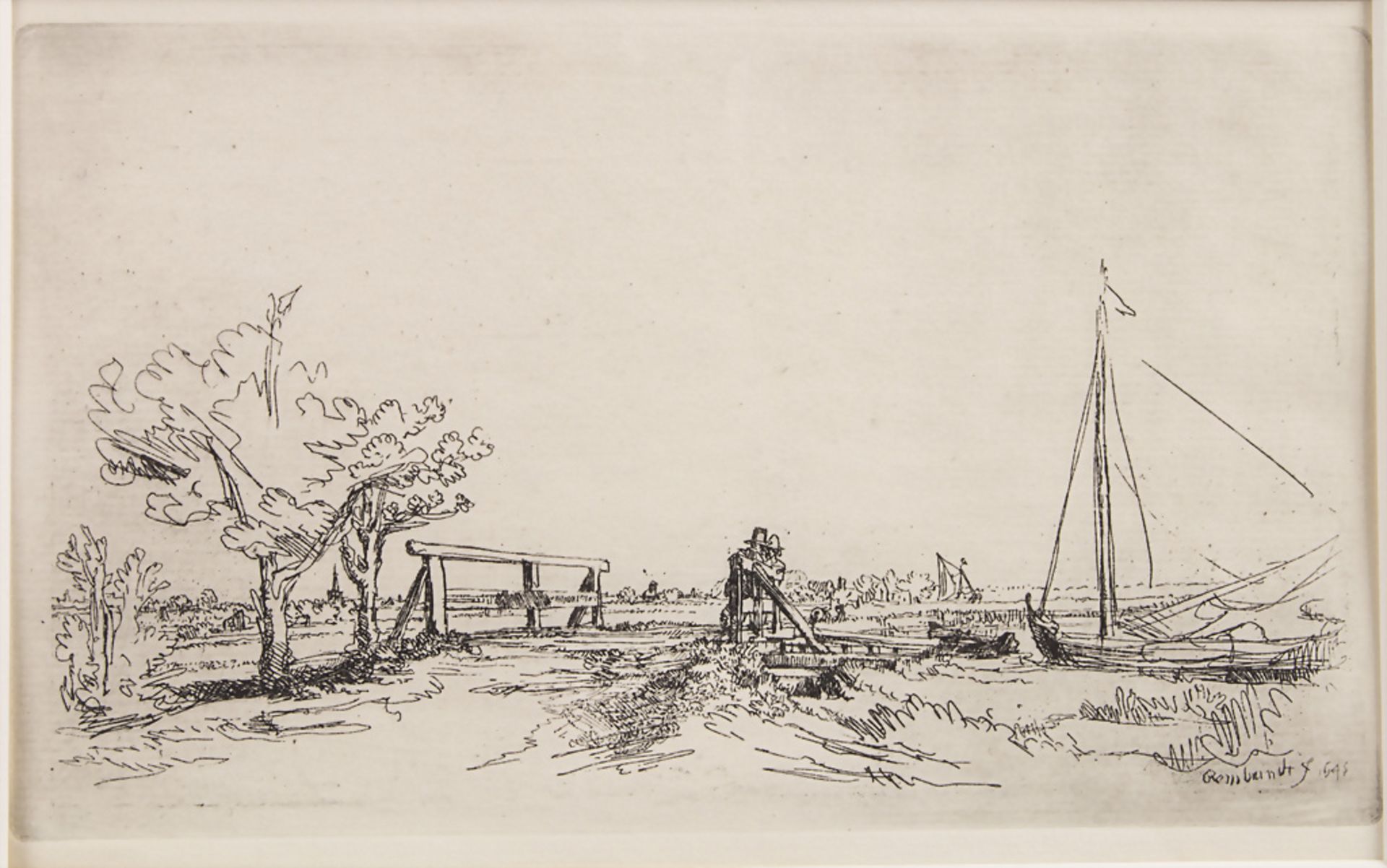 Nach Rembrandt Harmensz van Rijn (1606-1662), 'Landschaft mit Boot und zwei Männern' / ...