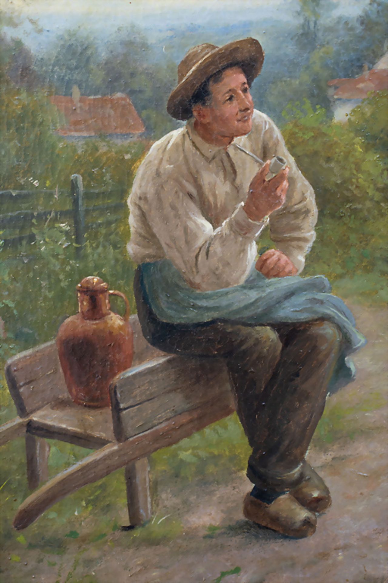 W. Giessel (1869-1938), 'Bäuerin mit Wirt in Gartenlandschaft' / 'A farmer's wife with host in ... - Image 5 of 7
