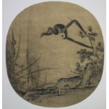 Seidenbild 'Landschaft mit Affe' / An ink drawing on silk 'A landscape with monkey', 19./20. Jh.