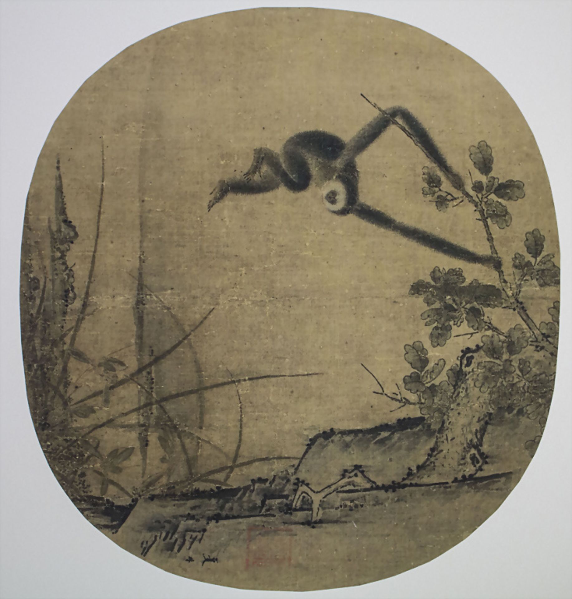 Seidenbild 'Landschaft mit Affe' / An ink drawing on silk 'A landscape with monkey', 19./20. Jh.