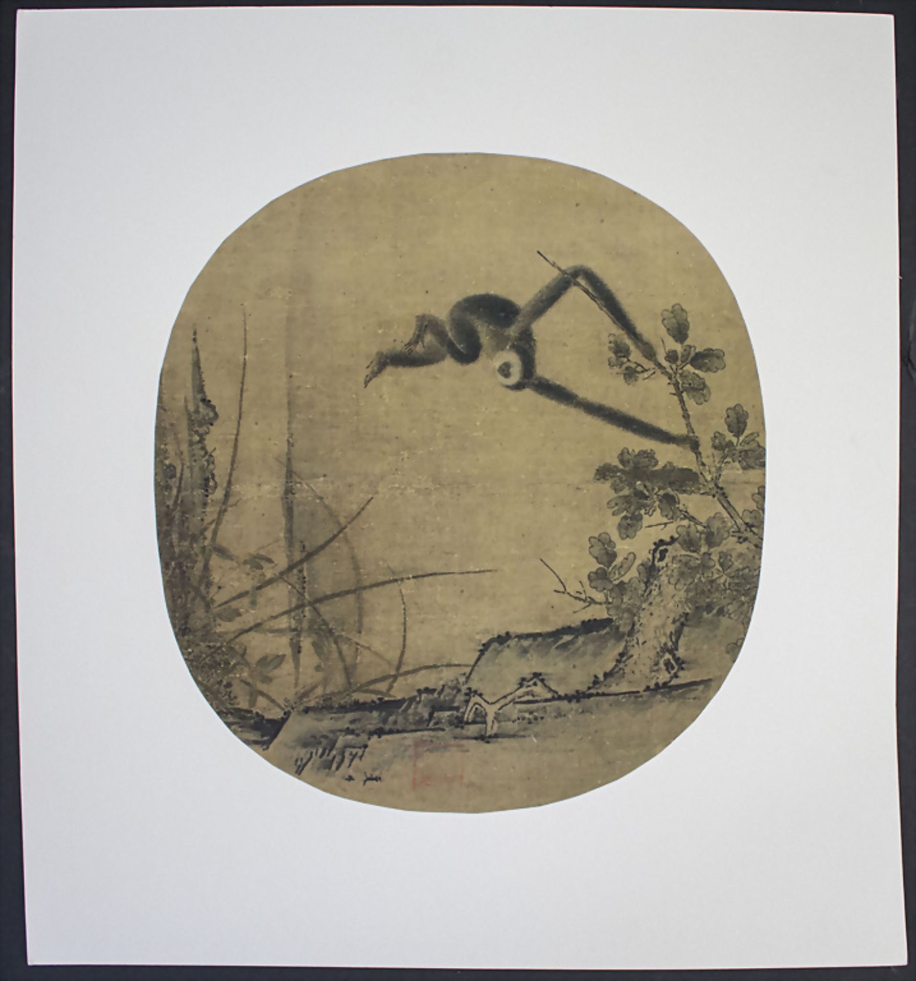 Seidenbild 'Landschaft mit Affe' / An ink drawing on silk 'A landscape with monkey', 19./20. Jh. - Image 2 of 4