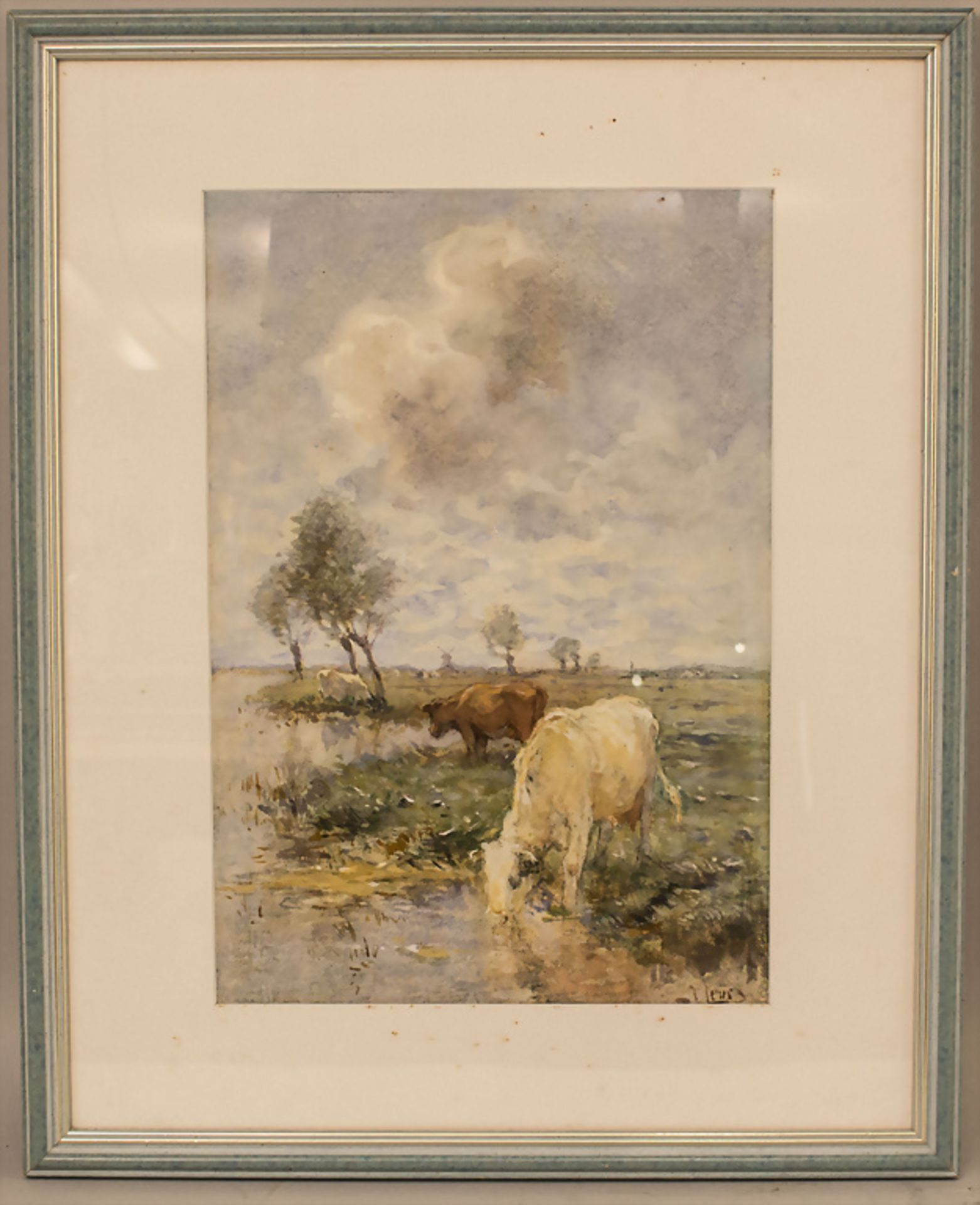 J. Lewis, 'Trinkende Kühe am Fluss' / 'Drinking cows at a river', um 1900