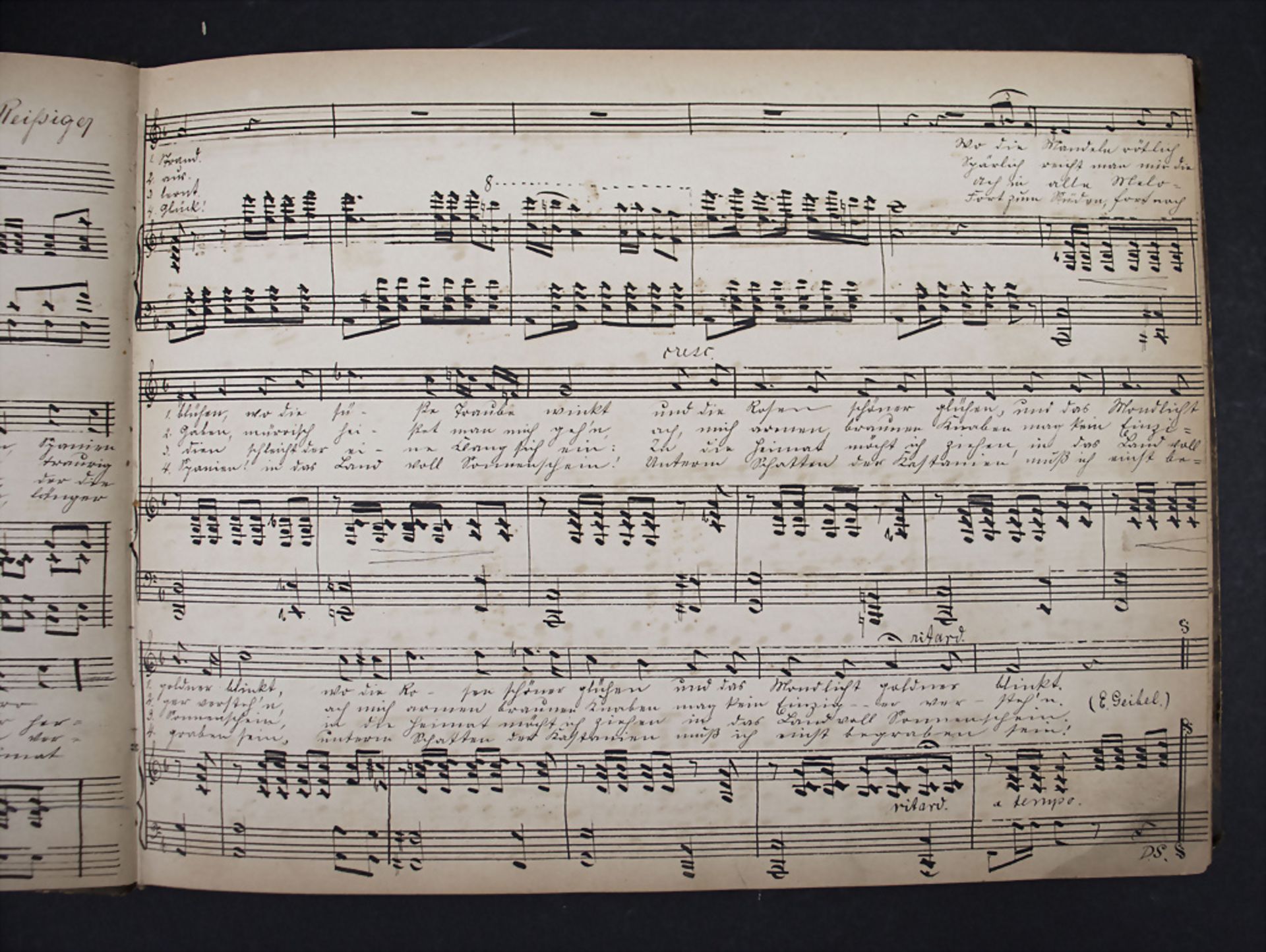 Handgeschriebenes Notenbuch 'Deutsche Volkslieder', Gesang mit Klavierbegleitung, um 1890