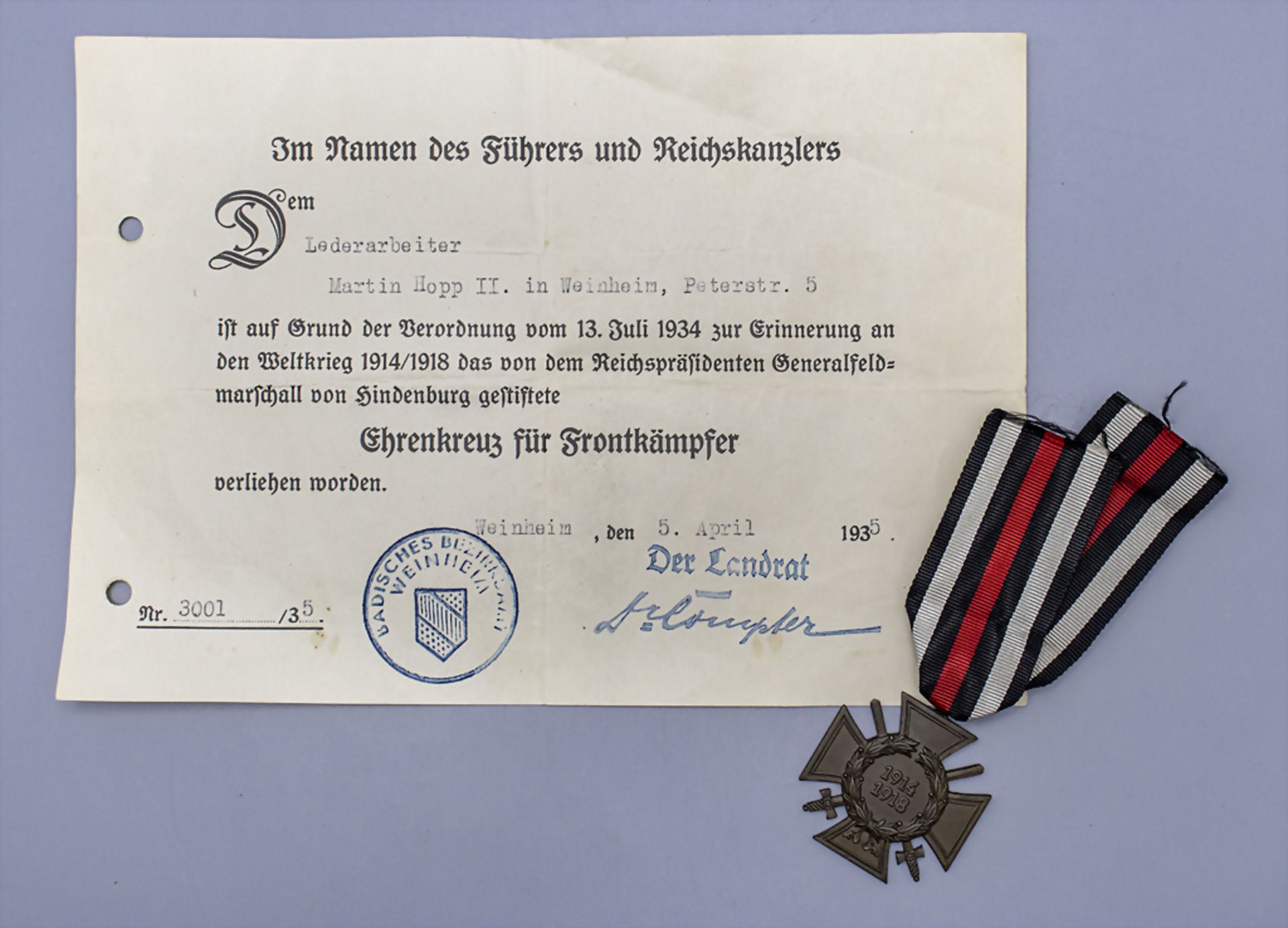 Drittes Reich, 'Hindenburg-Orden', Ehrenkreuz für Frontkämpfer mit Urkunde / Cross of Honour ...