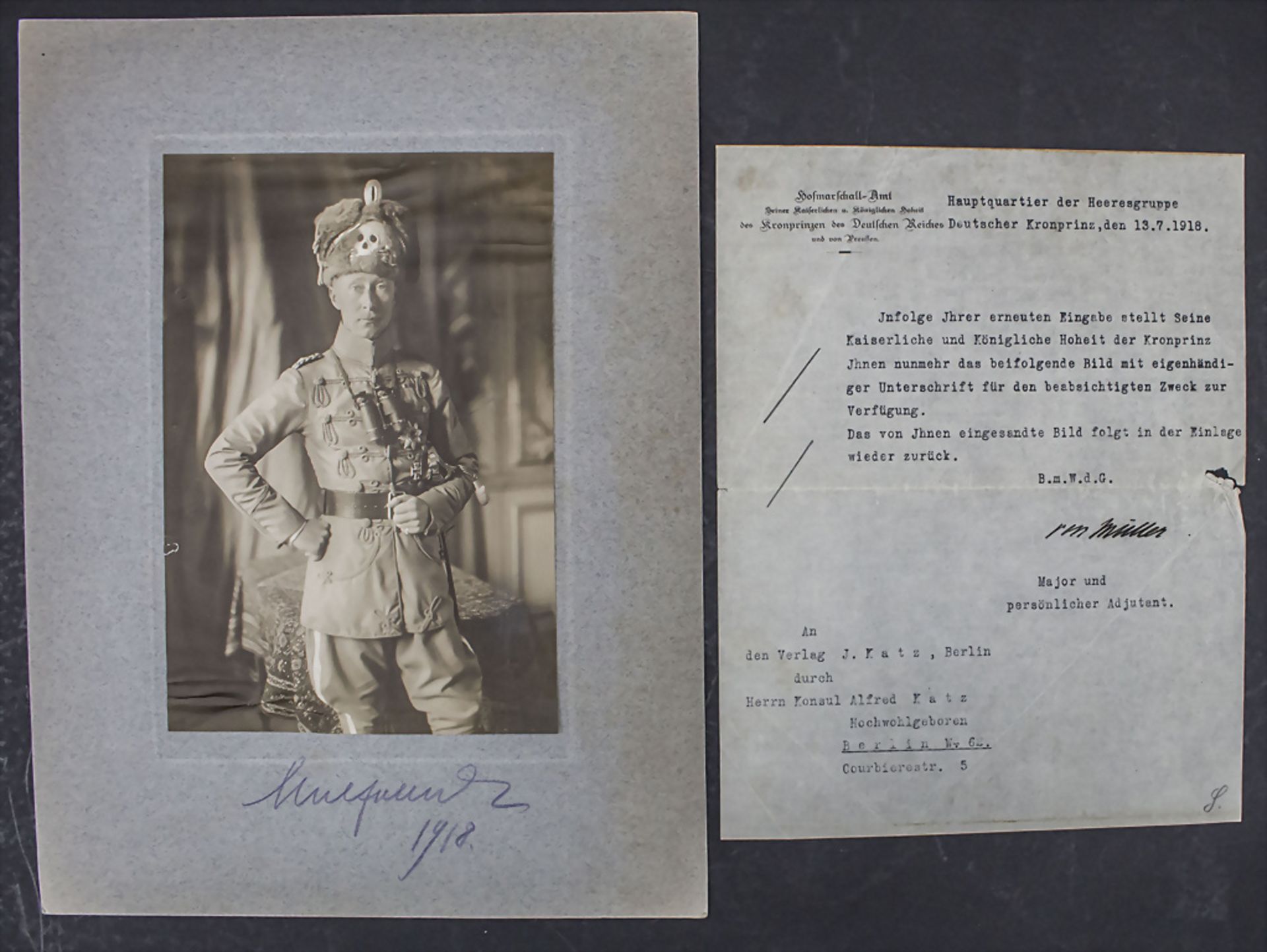 Autograph und Fotografie von Kronprinz Wilhelm von Preussen in Uniform der Preussischen ...