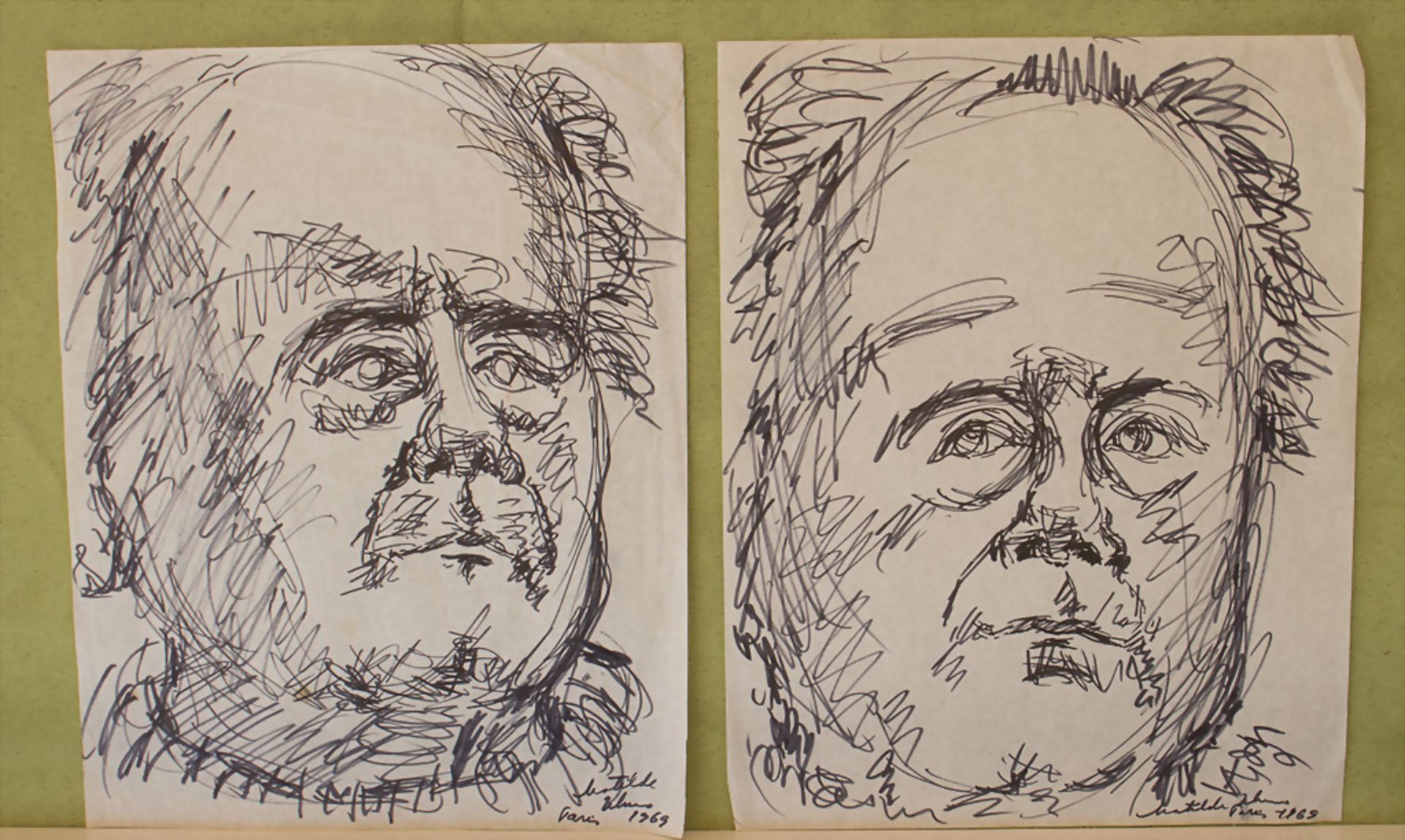 Französische Künstlerin, zwei Zeichnungen 'Männerkopf' / Two drawings 'head of a man', 1969