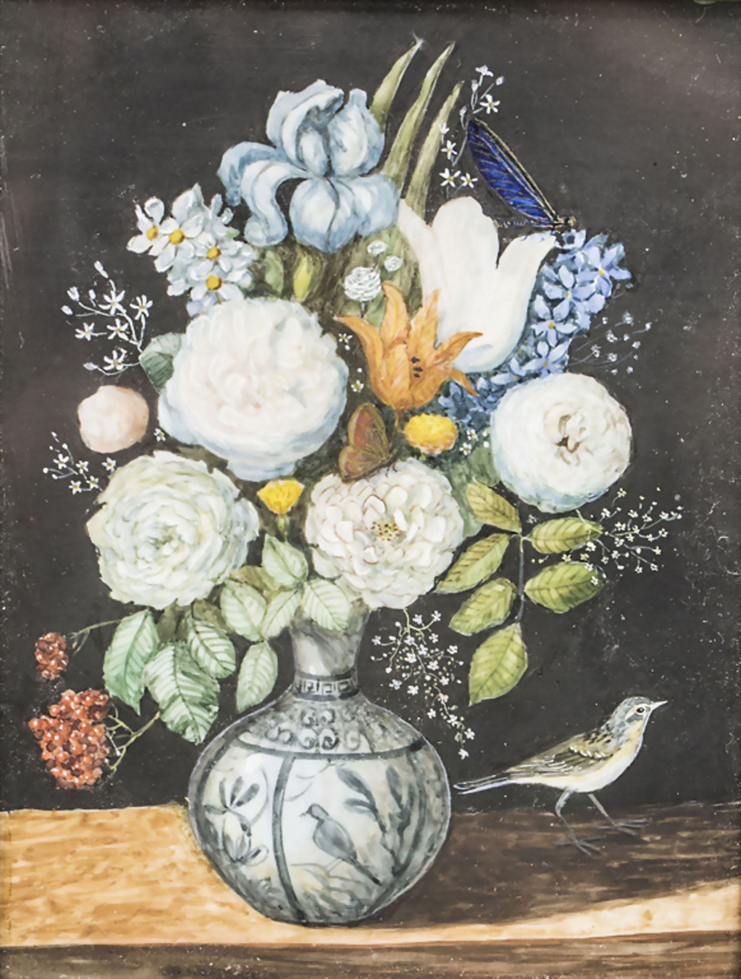 Miniatur Blumenstillleben mit Vogel / A miniature of a still life with a bird, Mitte 19. Jh.