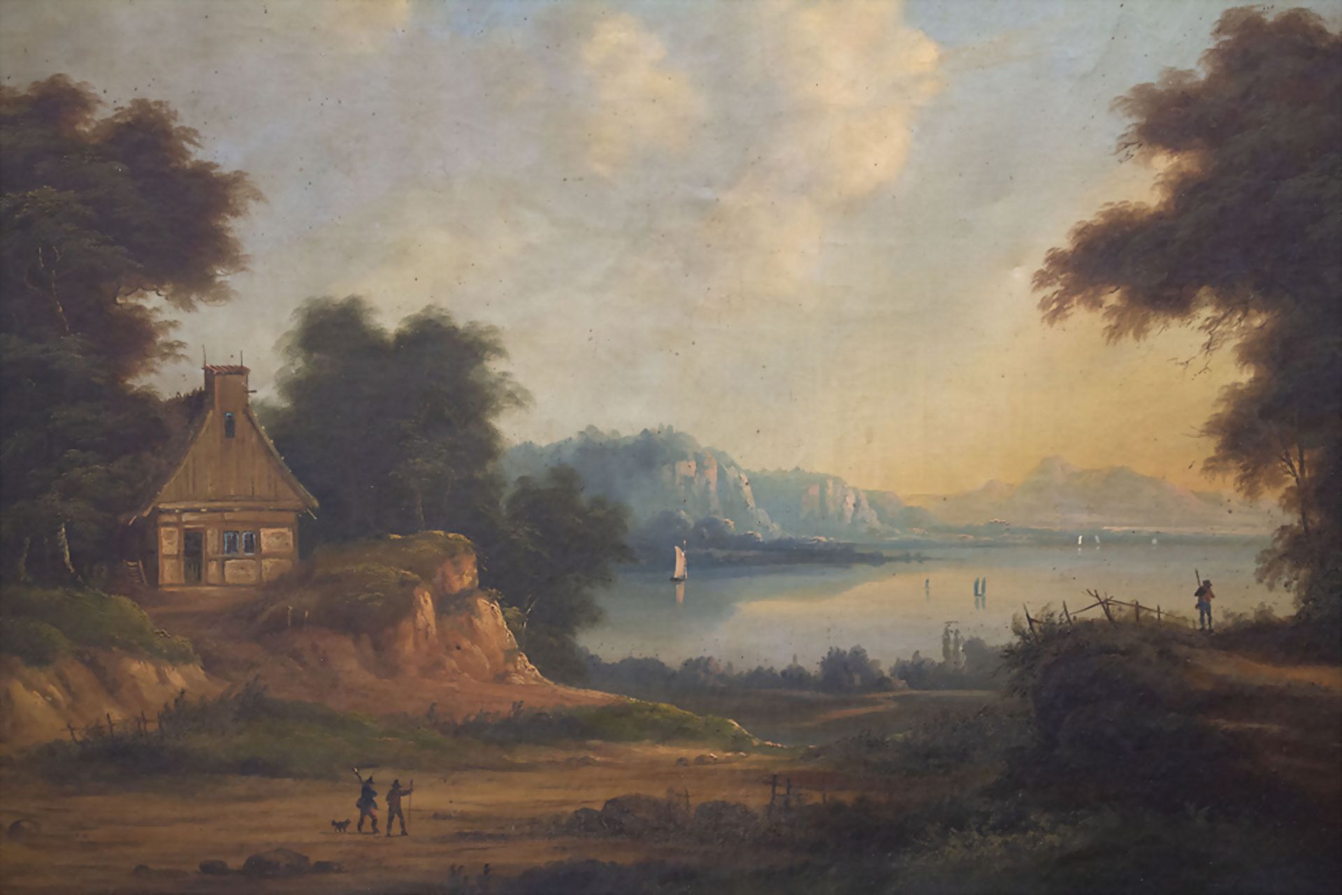 Künstler des 19. Jh., 'Landschaft mit Bauernhütte und See' / 'Landscape with farmers house and ...