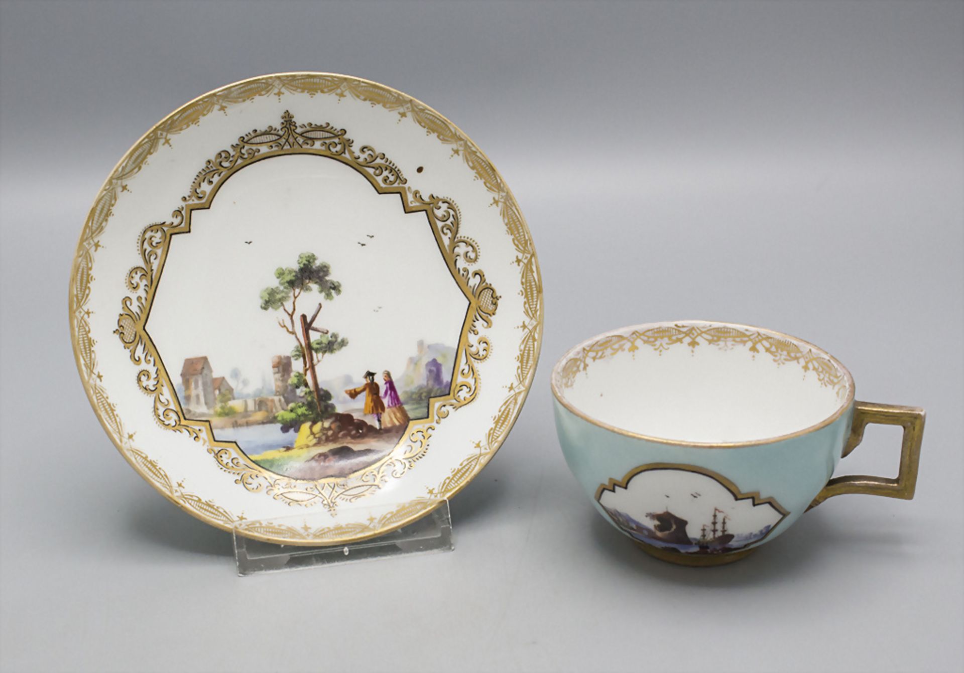 Tasse und Untertasse mit Uferlandschaften / A cup and saucer with shore landscapes, Meissen, ...