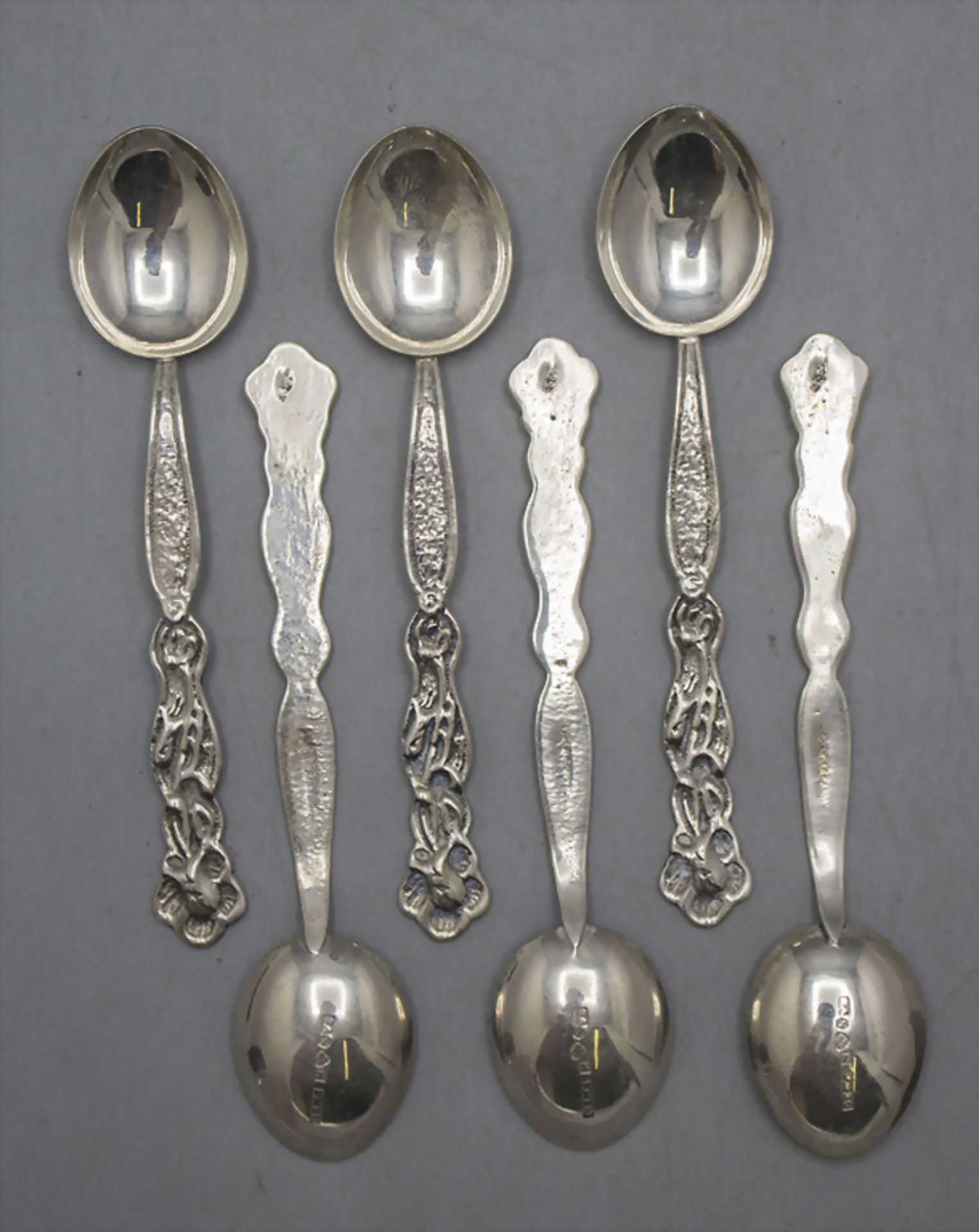 6 Mokkalöffel mit Blüten / 6 silver mocha spoons with flowers, Georg Wessfelt, Malmö, 1947