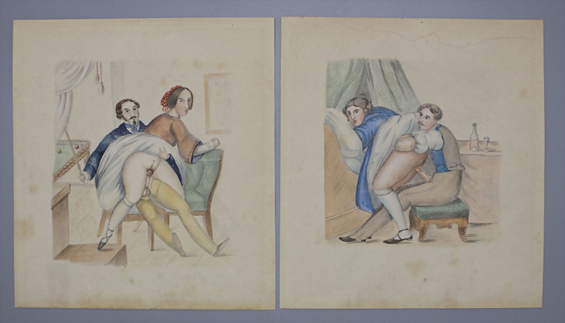 Künstler des 20. Jh., Zwei erotische Szenerien / Two erotic Biedermeier scenes, nach 1850