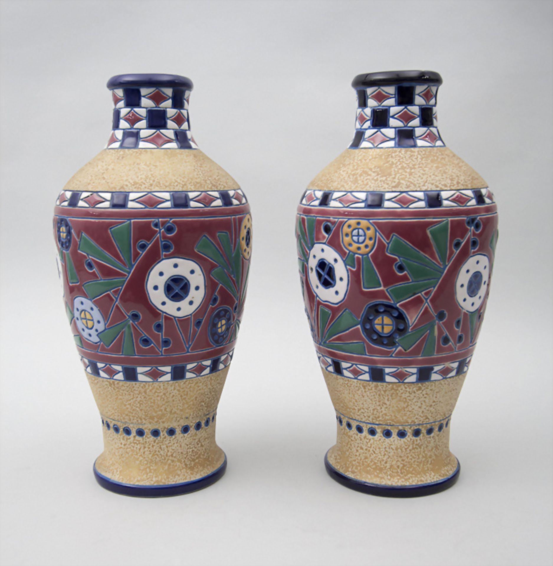 Paar große Art Déco Keramik Ziervasen / A pair of large Art Deco ceramic vases, Riessner, ...