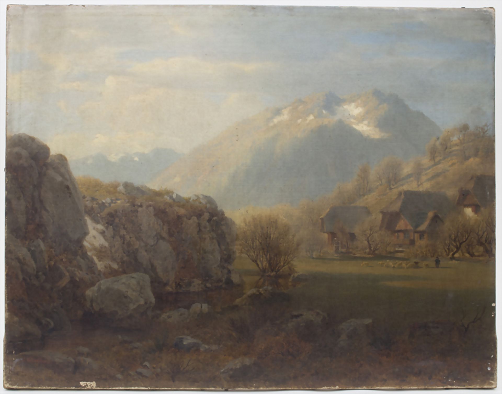 Jacob Vollweider (1834-1891), 'Gebirgslandschaft mit Bauernhäusern und Figurenstaffage / A ...