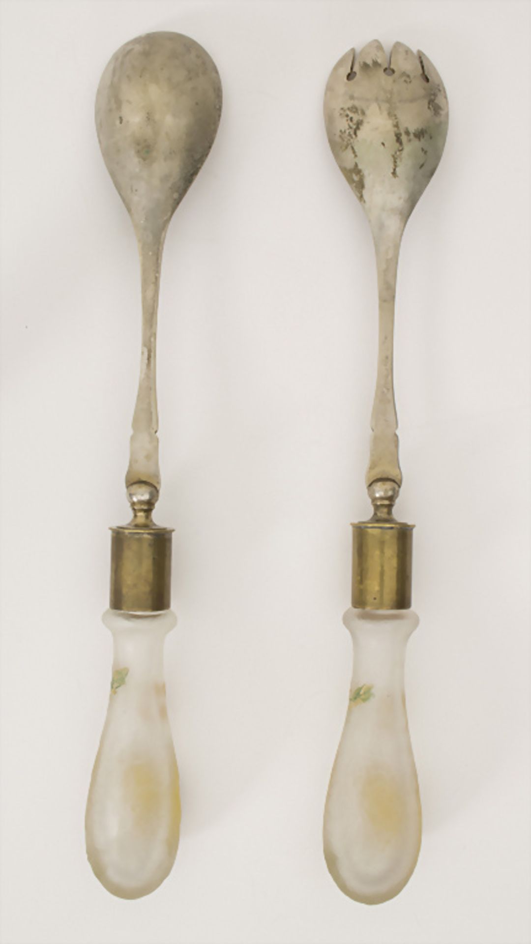 Jugendstil Salatbesteck mit Glasgriffen / Art Nouveau salad servers with glass handles, wohl ... - Image 2 of 3