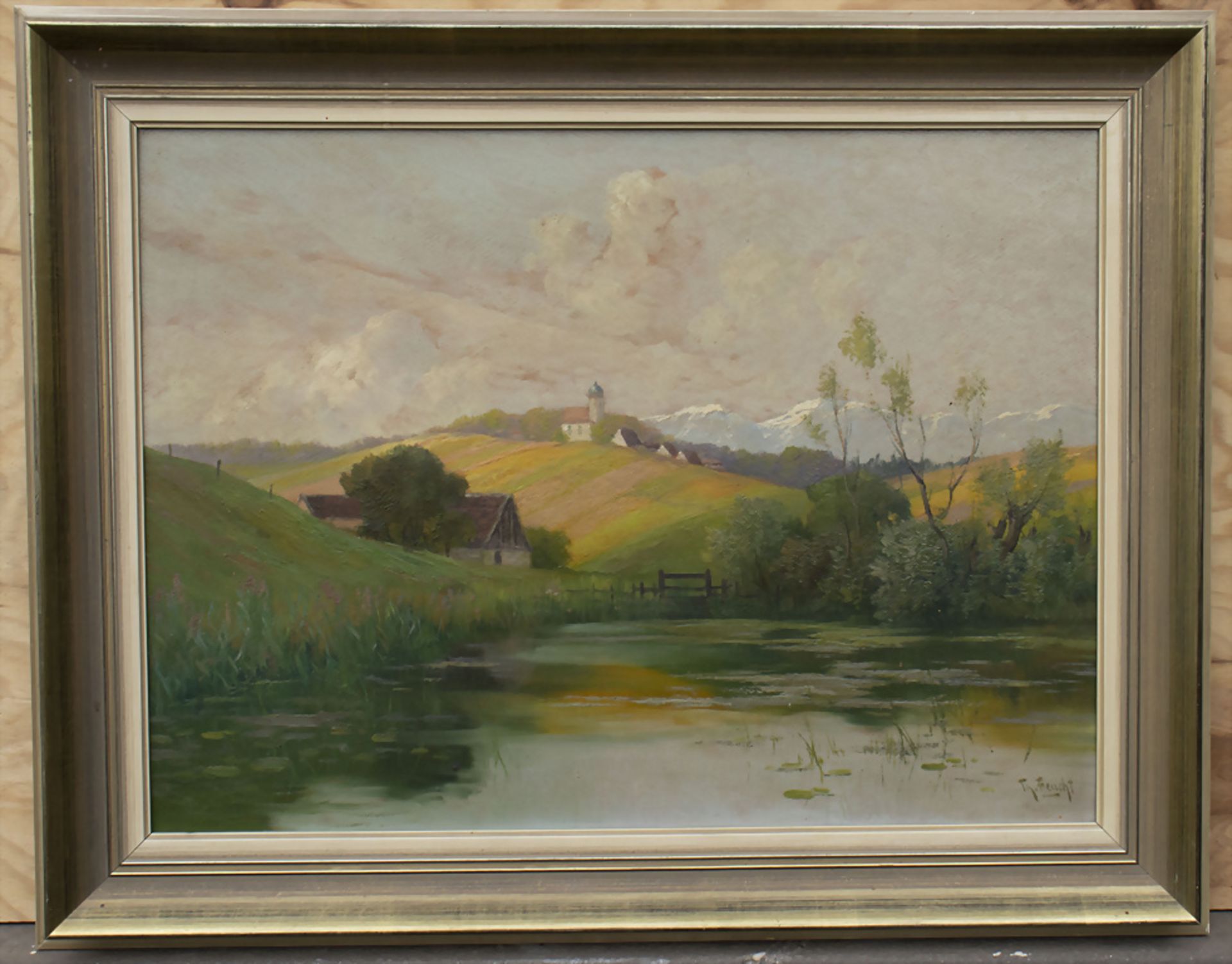 Theodor Eugen Christoph FEUCHT (1867-1944), 'Weiheransicht mit Alpendorf' / 'Pond view with ...