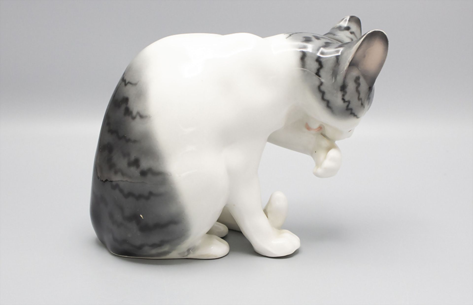 Tierfigur 'Katzenwäsche' / A procelain animal figure 'cat's lick', E. Pfeffer, Gotha, um 1930 - Image 3 of 8