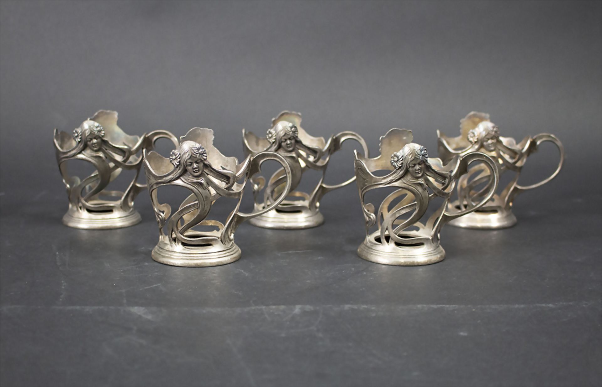 5 Jugendstil Teeglashalter / A set of 5 Art Nouveau tea glass holder, WMF, Geislingen, um 1906