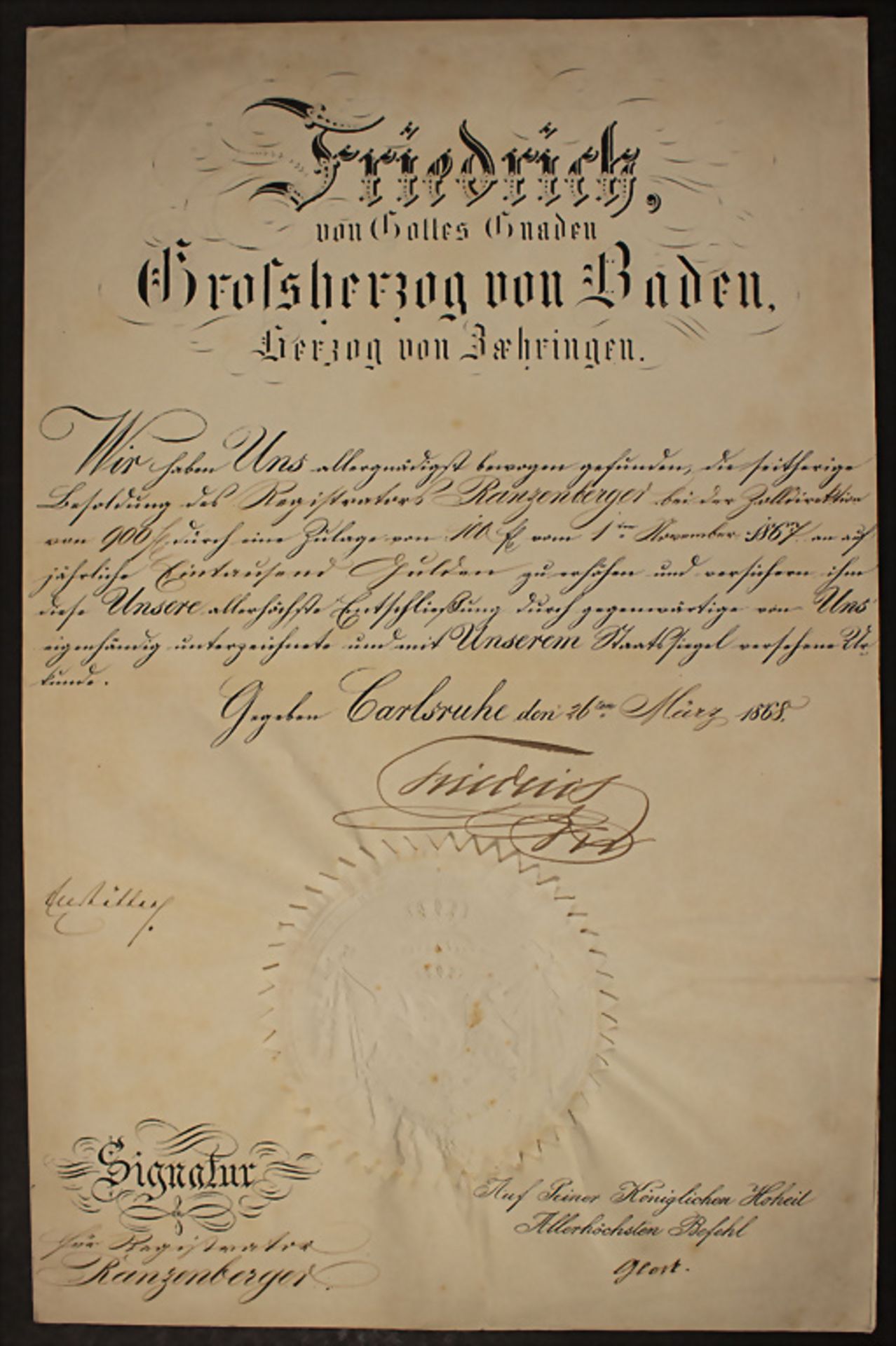 Urkunde mit Autograph von 'Friedrich II, Großherzog von Baden und Zähringen' (1857-1928), 1868