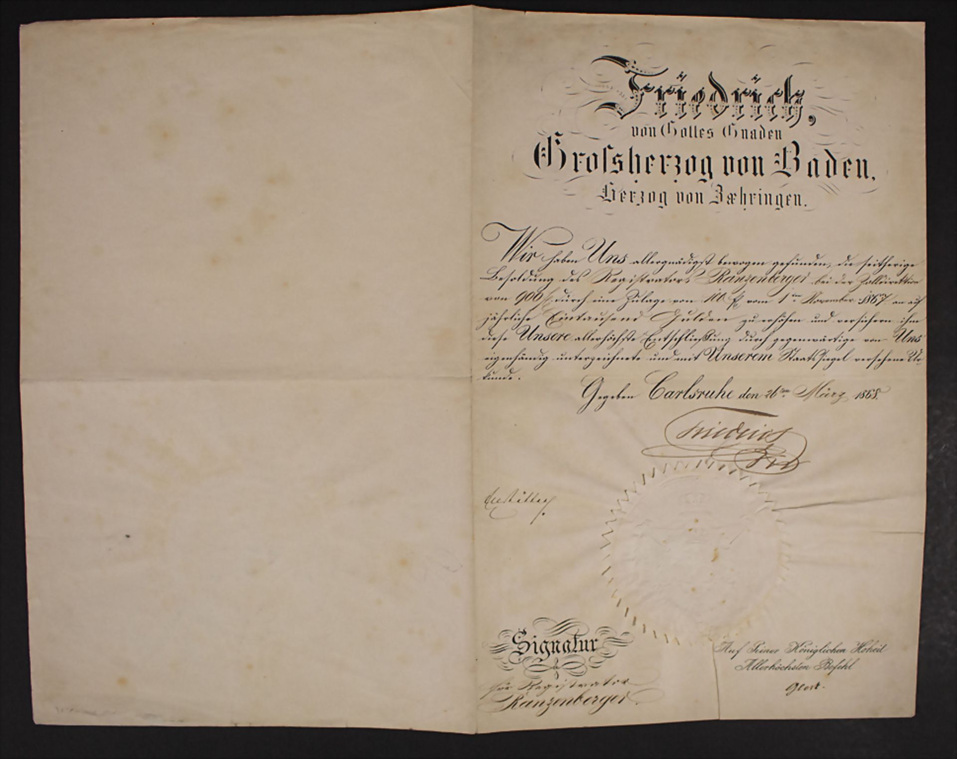 Urkunde mit Autograph von 'Friedrich II, Großherzog von Baden und Zähringen' (1857-1928), 1868 - Bild 3 aus 4