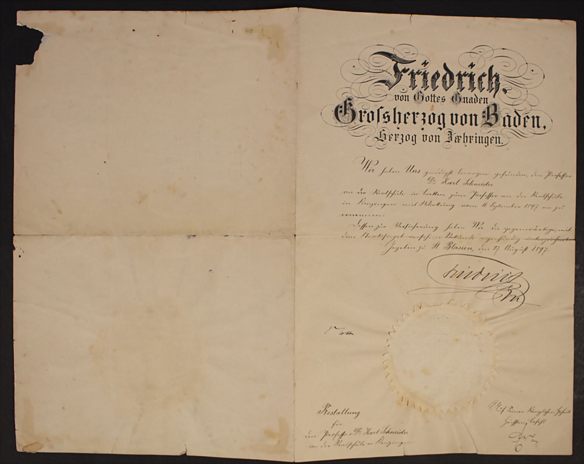 Urkunde mit Autograph von 'Friedrich II, Großherzog von Baden und Zähringen' (1857-1928), 1897 - Bild 3 aus 3