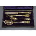 4tlg. Vermeille Besteck im Etui / A 4-piece set of guilded silver cutlery in a box, ...