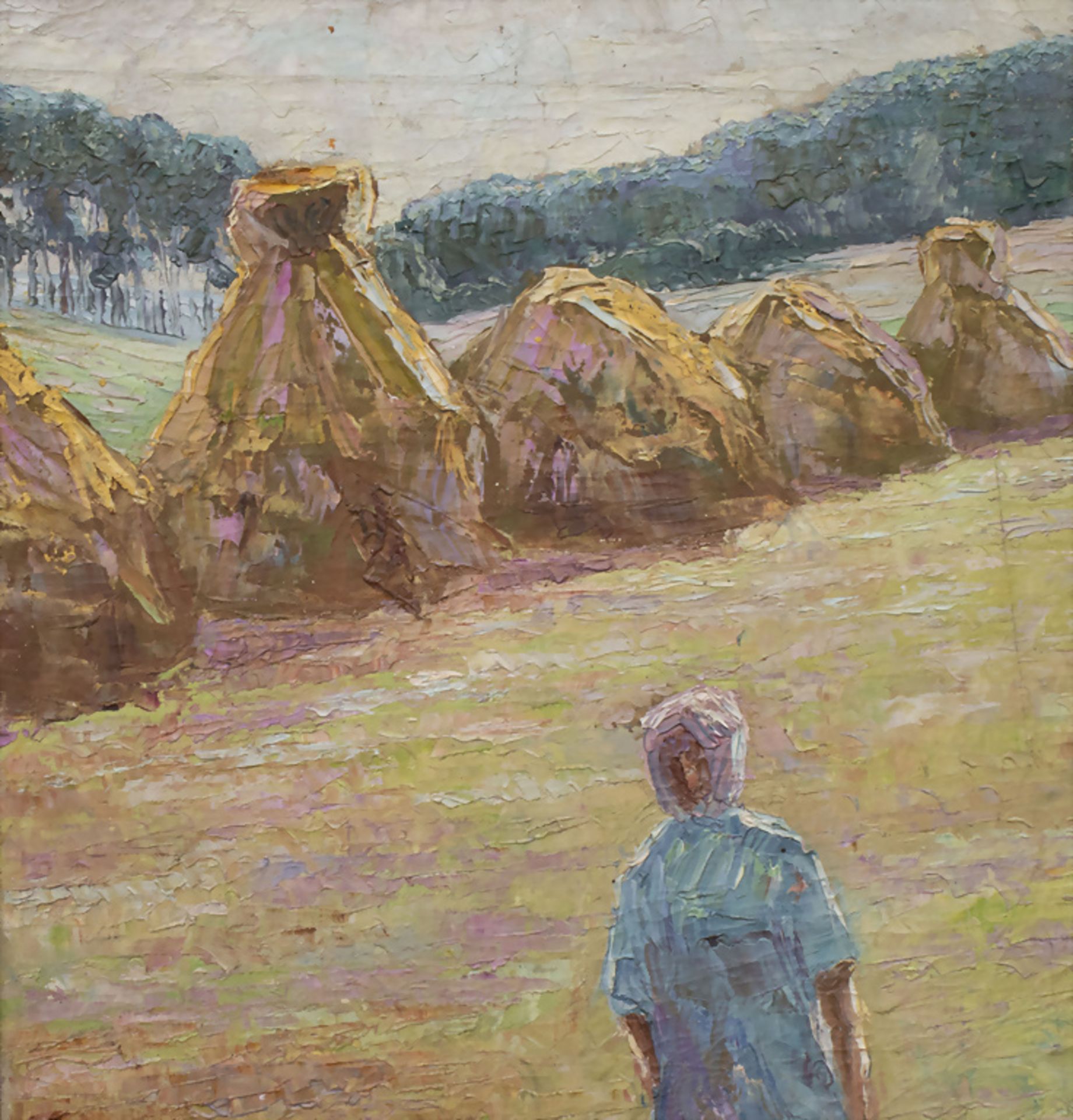 Unbekannter Künstler des 20. Jh., 'Heuhaufen mit Betrachter' / 'Haystacks with viewer'