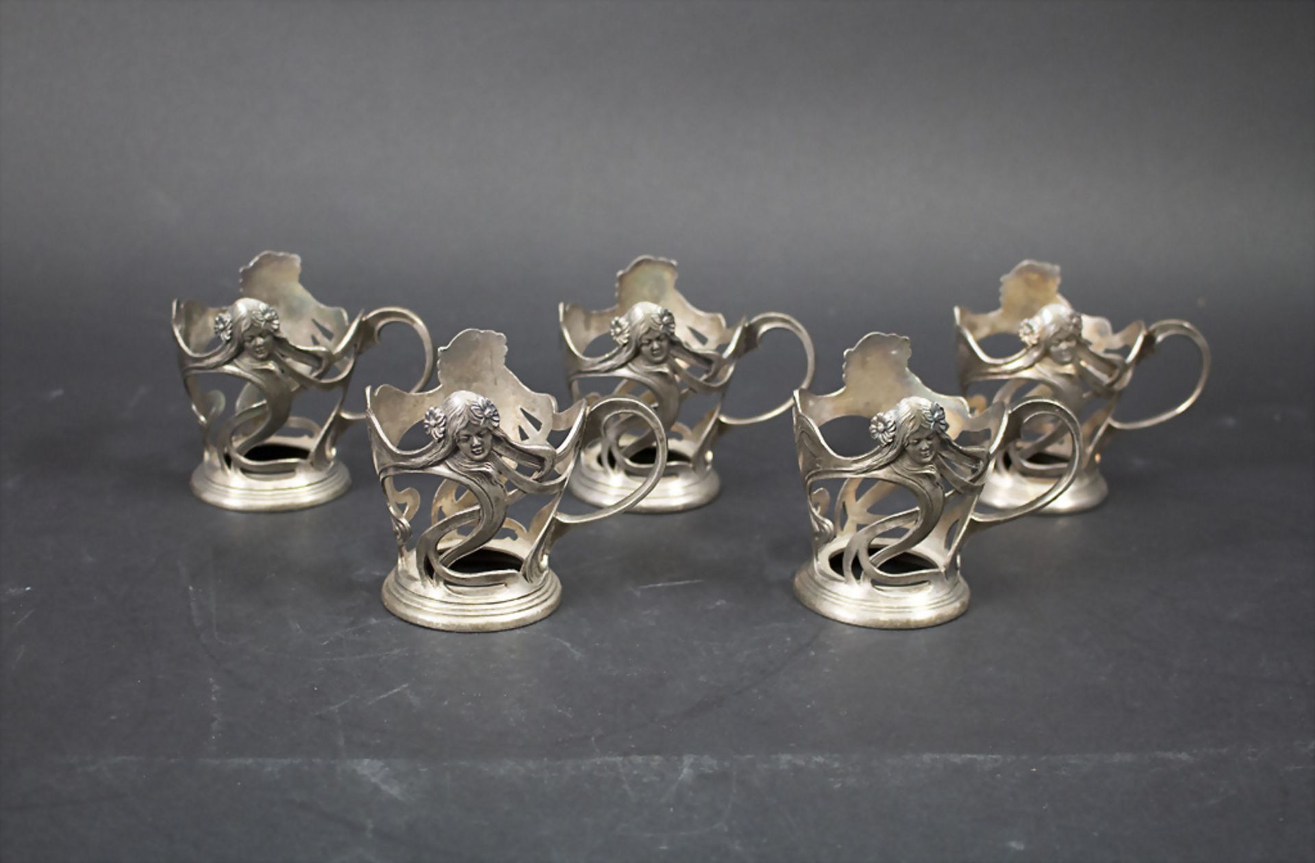 5 Jugendstil Teeglashalter / A set of 5 Art Nouveau tea glass holder, WMF, Geislingen, um 1906 - Bild 2 aus 7