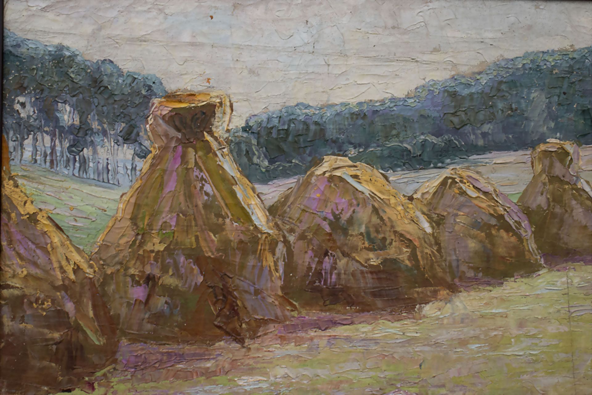 Unbekannter Künstler des 20. Jh., 'Heuhaufen mit Betrachter' / 'Haystacks with viewer' - Bild 4 aus 6