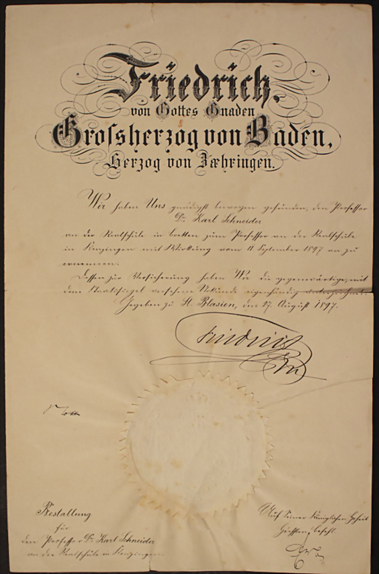 Urkunde mit Autograph von 'Friedrich II, Großherzog von Baden und Zähringen' (1857-1928), 1897