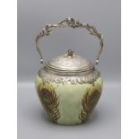 Jugendstil Keksdose mit Silbermontur und Pfauenfedern / An Art Nouveau stoneware biscuit jar ...