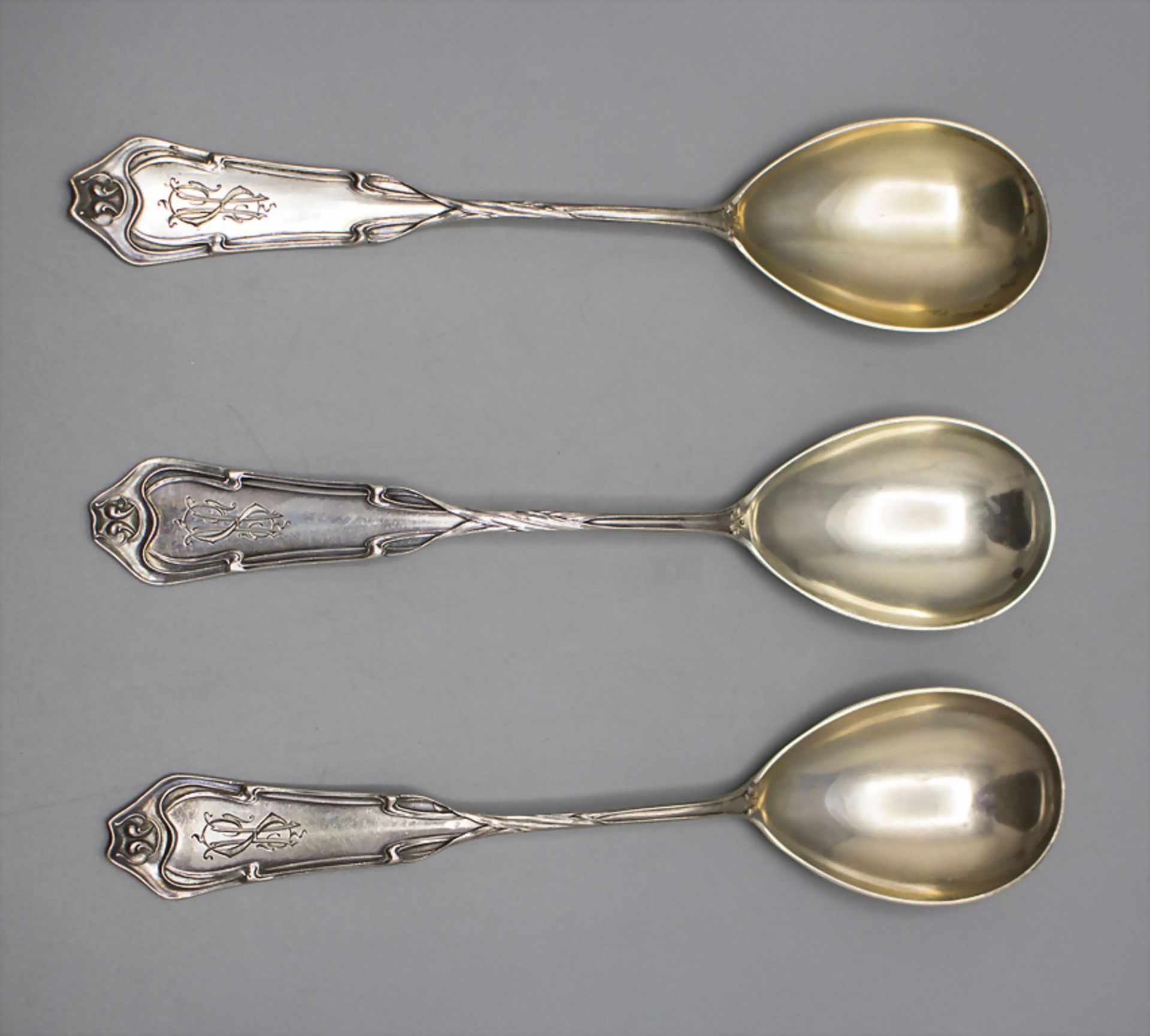3 Jugendstil  Vorlegelöffel / 3 silver Art Nouveau serving spoons, deutsch, um 1900