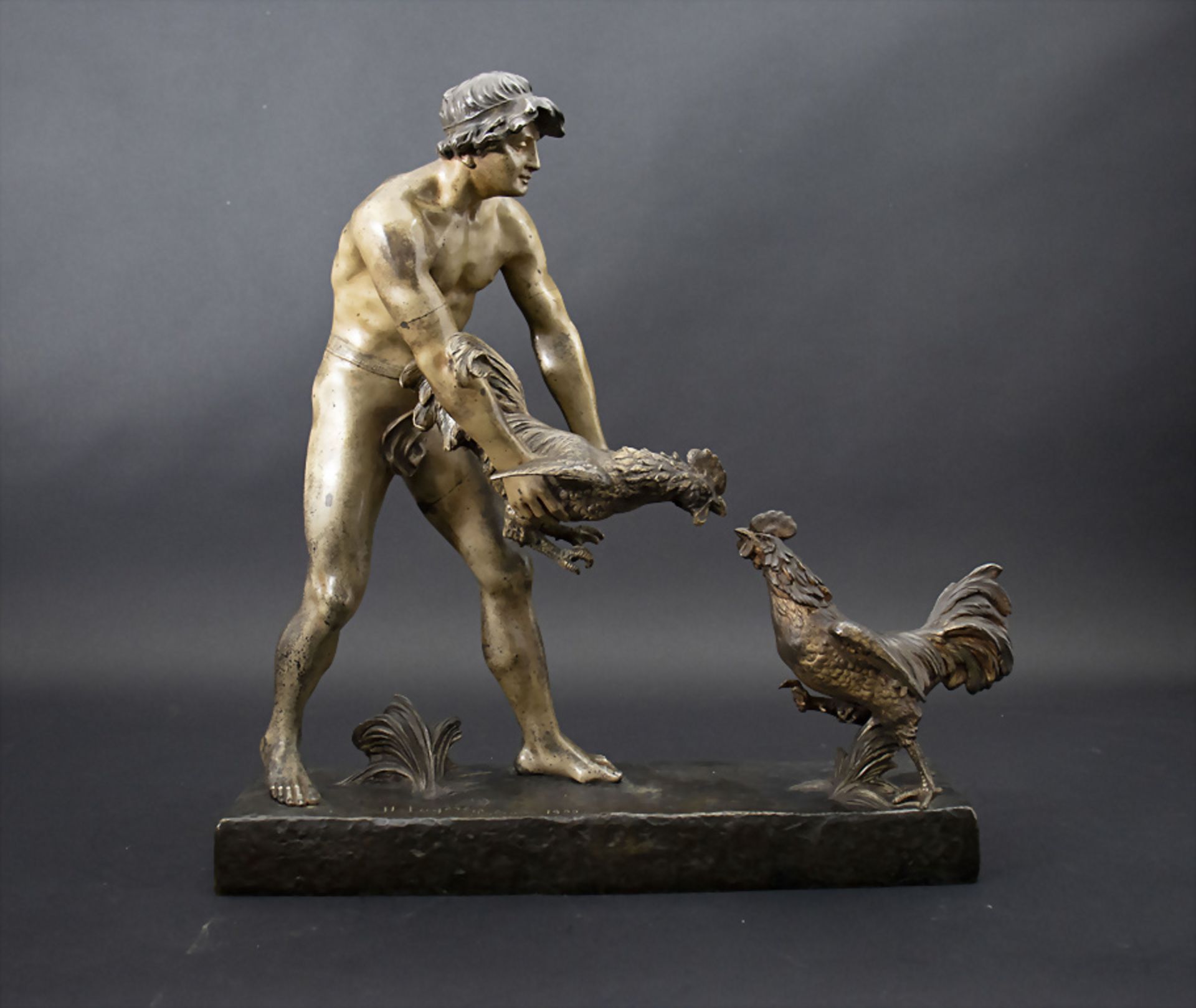 Henry FUGÈRE (1872-1944), Figurengruppe eines Jünglings, der seinen Hahn in den Kampf ...