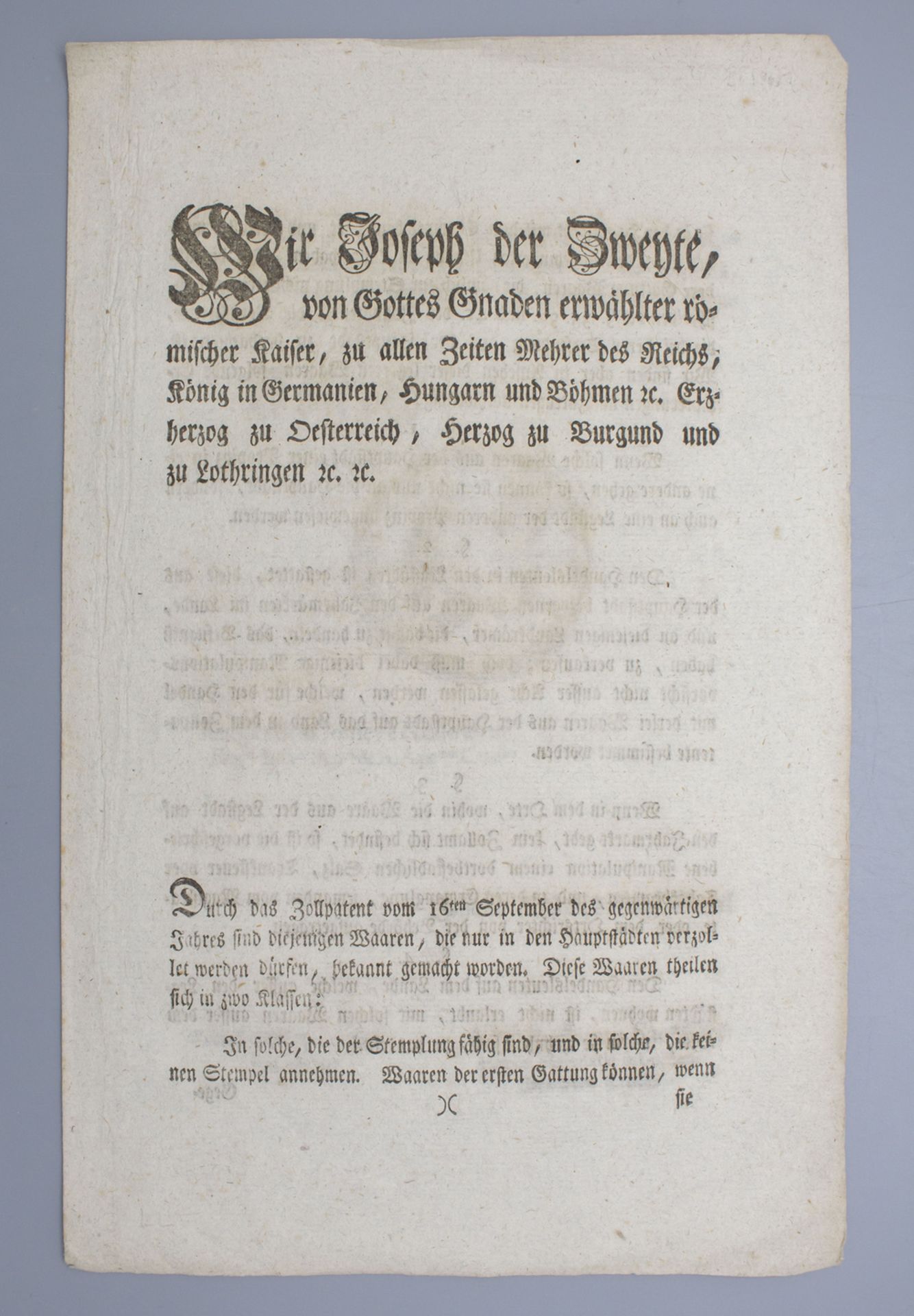 Zollbrief / A customs letter, von Kaiser Josef II., 1784