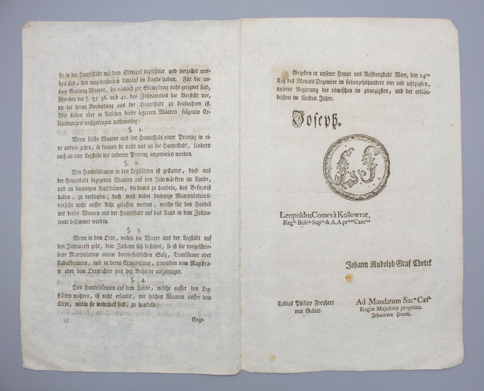 Zollbrief / A customs letter, von Kaiser Josef II., 1784 - Image 2 of 3