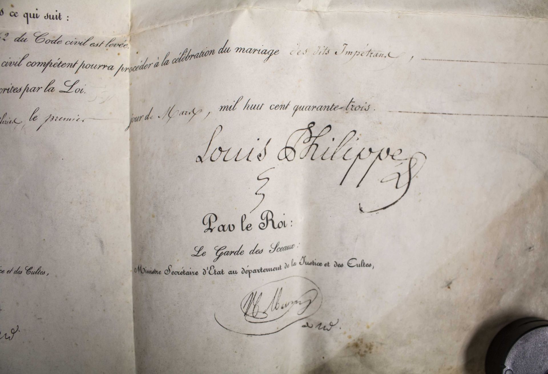 Heiratsurkunde mit Siegel und Autograph von Louis-Phillipe I. König von Frankreich ... - Bild 3 aus 5